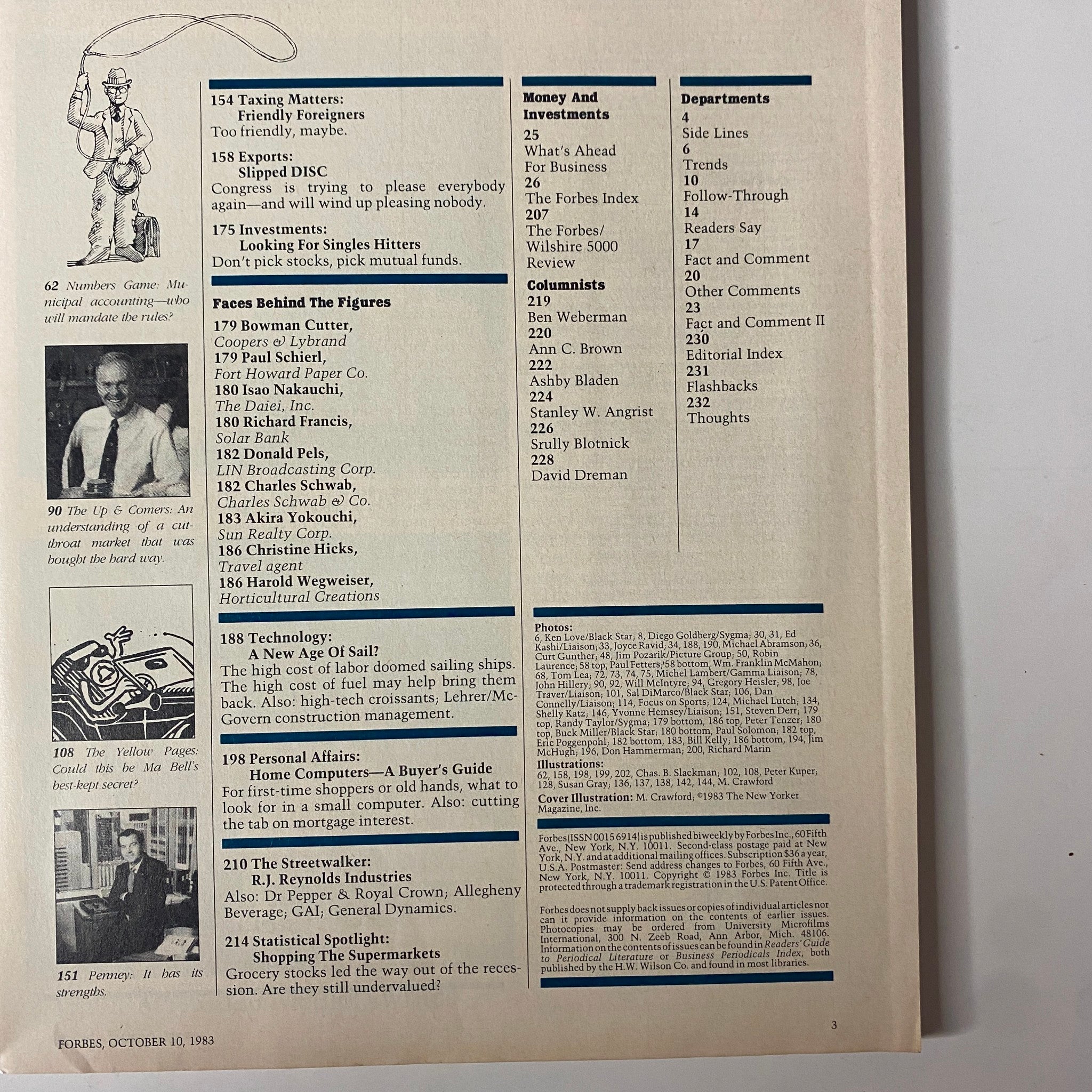 Back cover and contents overview of Forbes Magazine, October 10, 1983, featuring the title 'Management: Why Are We Paying The Boss?' along with listings of other articles and columns.