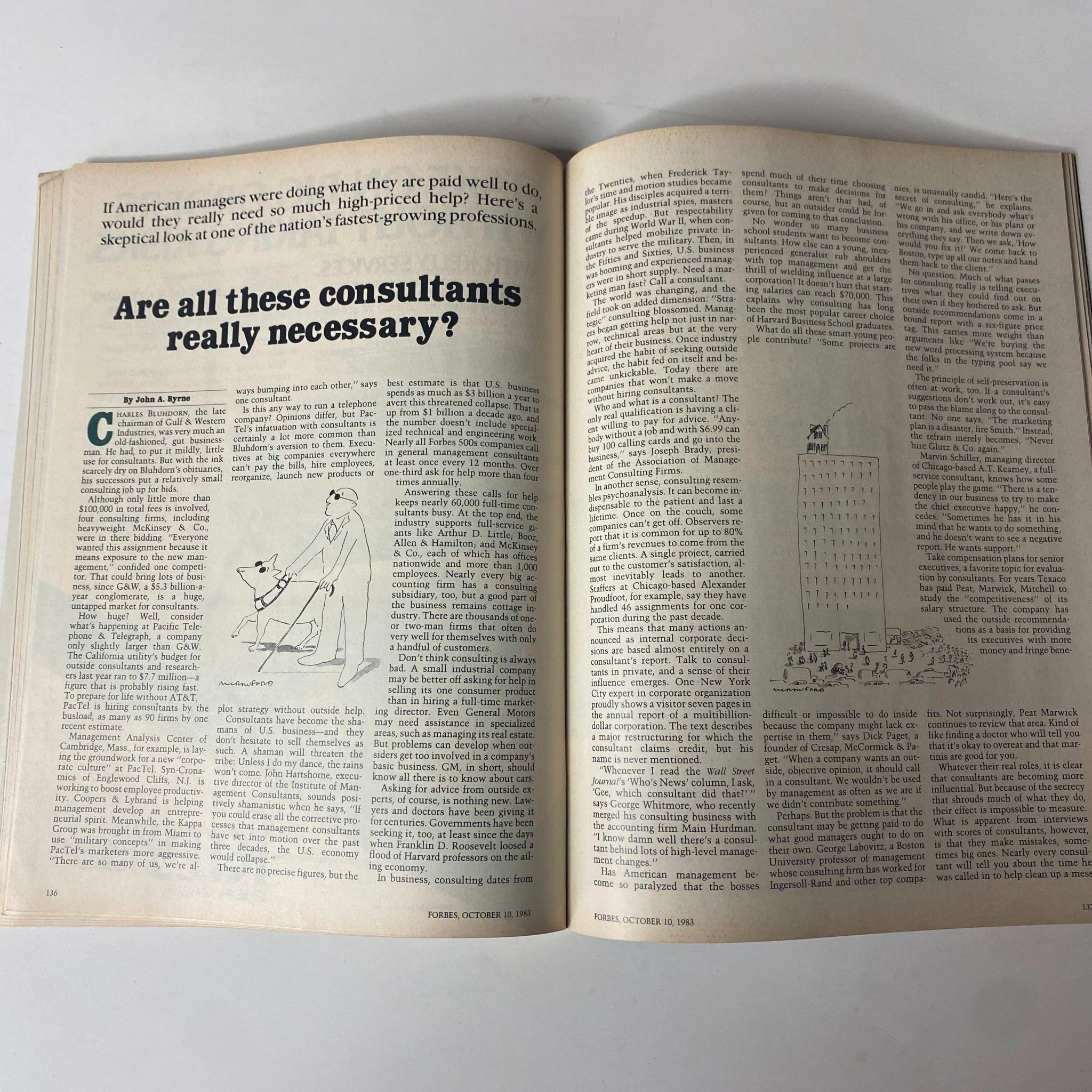 Inside page of Forbes Magazine October 10, 1983 showcasing an article titled 'Are all these consultants really necessary?' discussing the role of consultants in business.