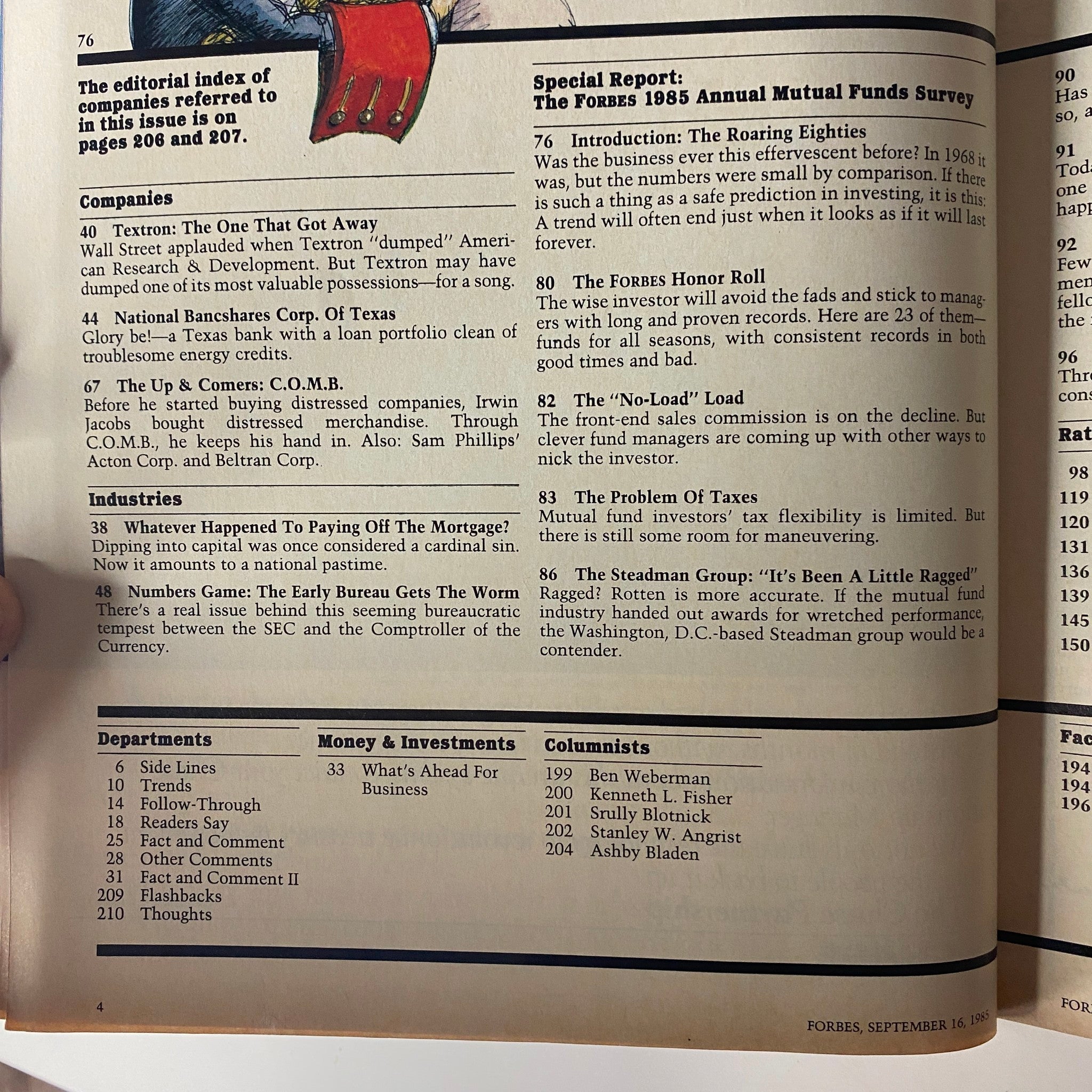 Page from Forbes Magazine September 16, 1985, displaying the editorial index and companies referred to in this issue, highlighting the Annual Mutual Funds Survey.