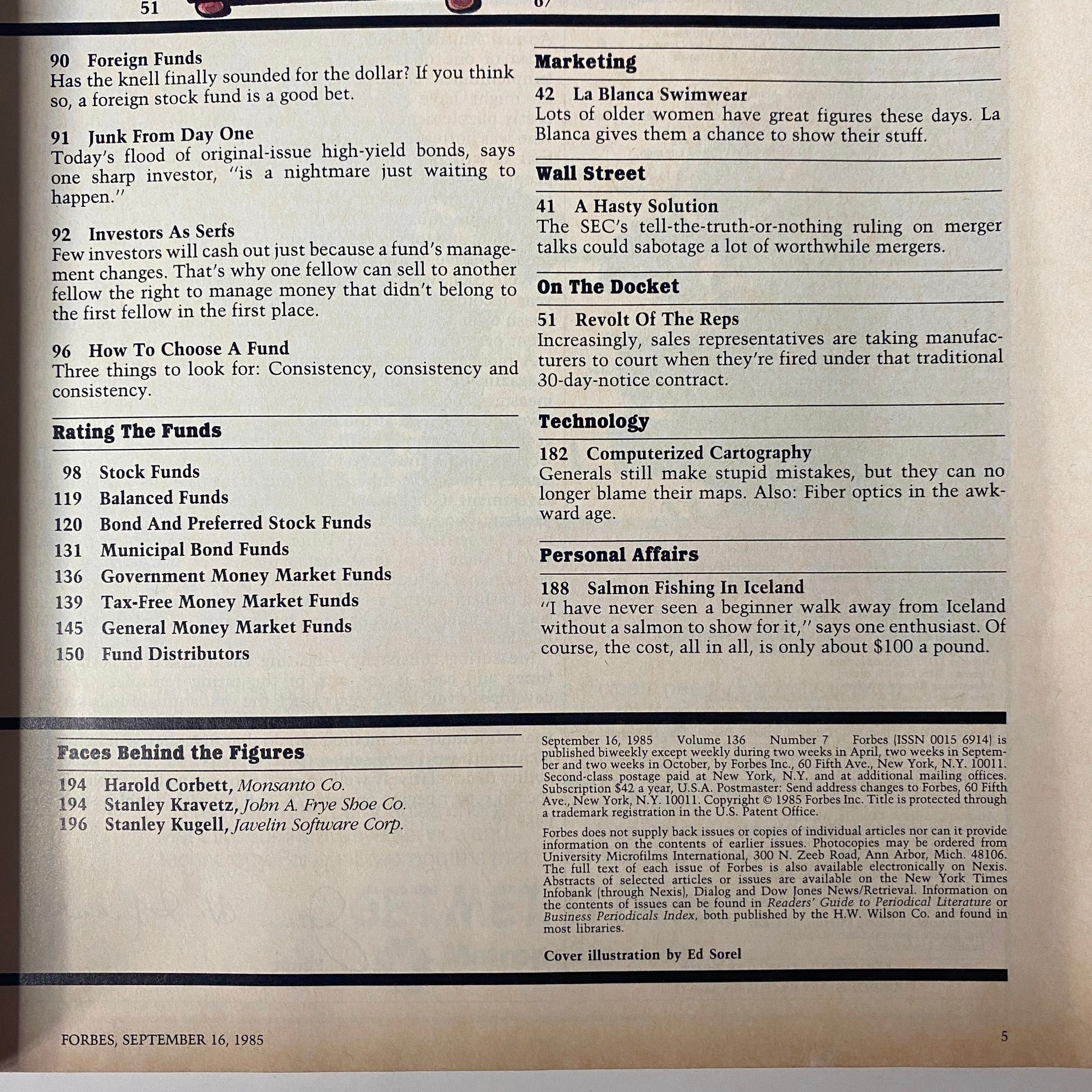 Another page from Forbes Magazine September 16, 1985, listing various fund types and investment strategies in the context of the Annual Mutual Funds Survey.