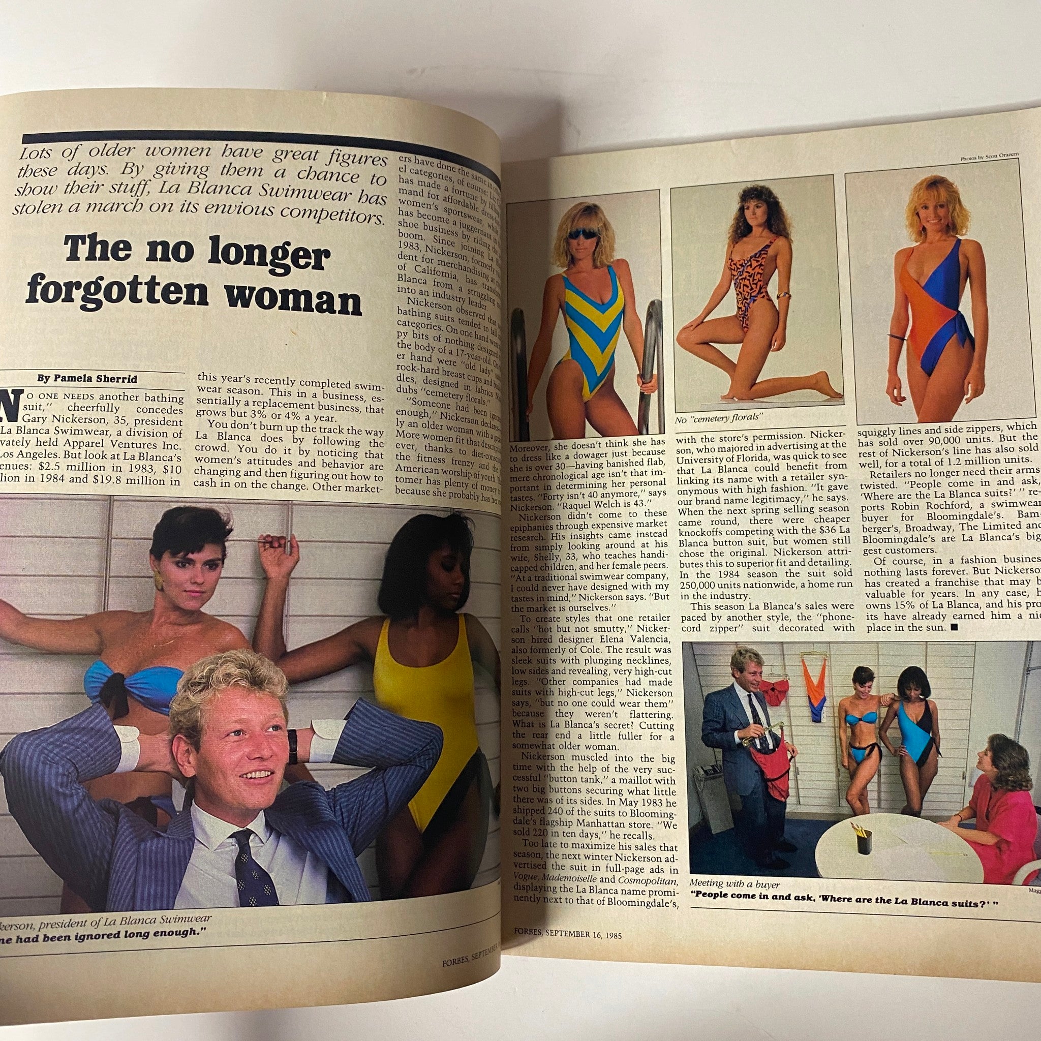 Interior article from Forbes Magazine September 16, 1985, discussing La Blanca Swimwear, showcasing swimwear trends and the business's impact, within the Annual Mutual Funds Survey issue.