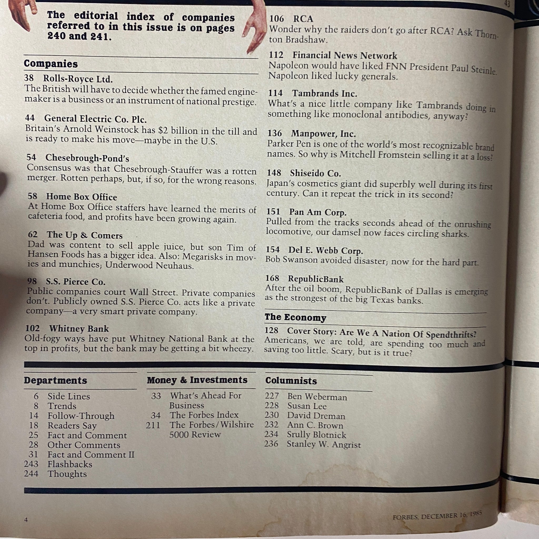 Table of contents from Forbes Magazine December 16, 1985 highlighting key articles including profiles on Rolls-Royce Ltd. and General Electric Co. Plc.