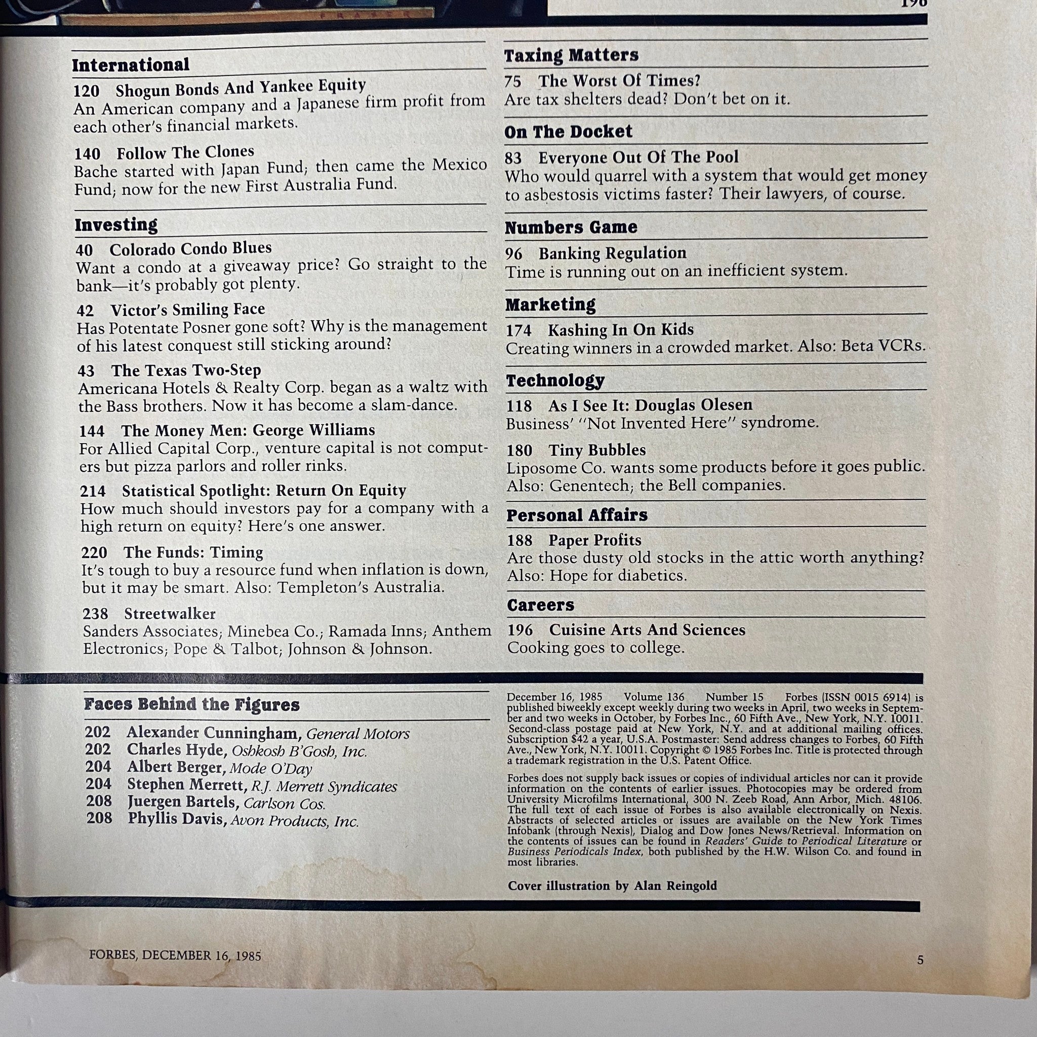 Interior page of Forbes Magazine December 16, 1985 listing various companies and articles, providing insights into the economic climate of the late 1980s.