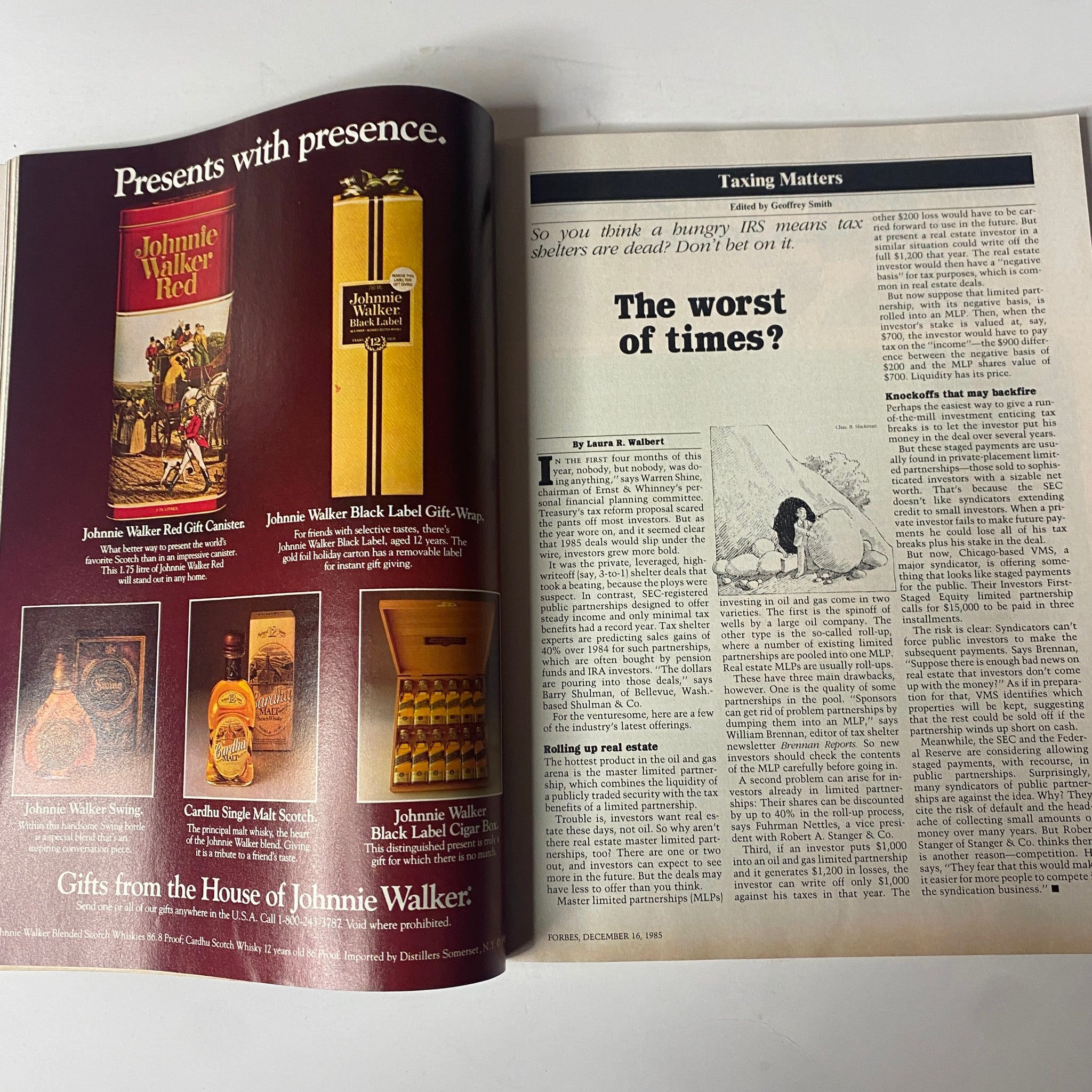 Ad and article excerpt from Forbes Magazine December 16, 1985 discussing tax shelters, featuring an advertisement for Johnnie Walker.