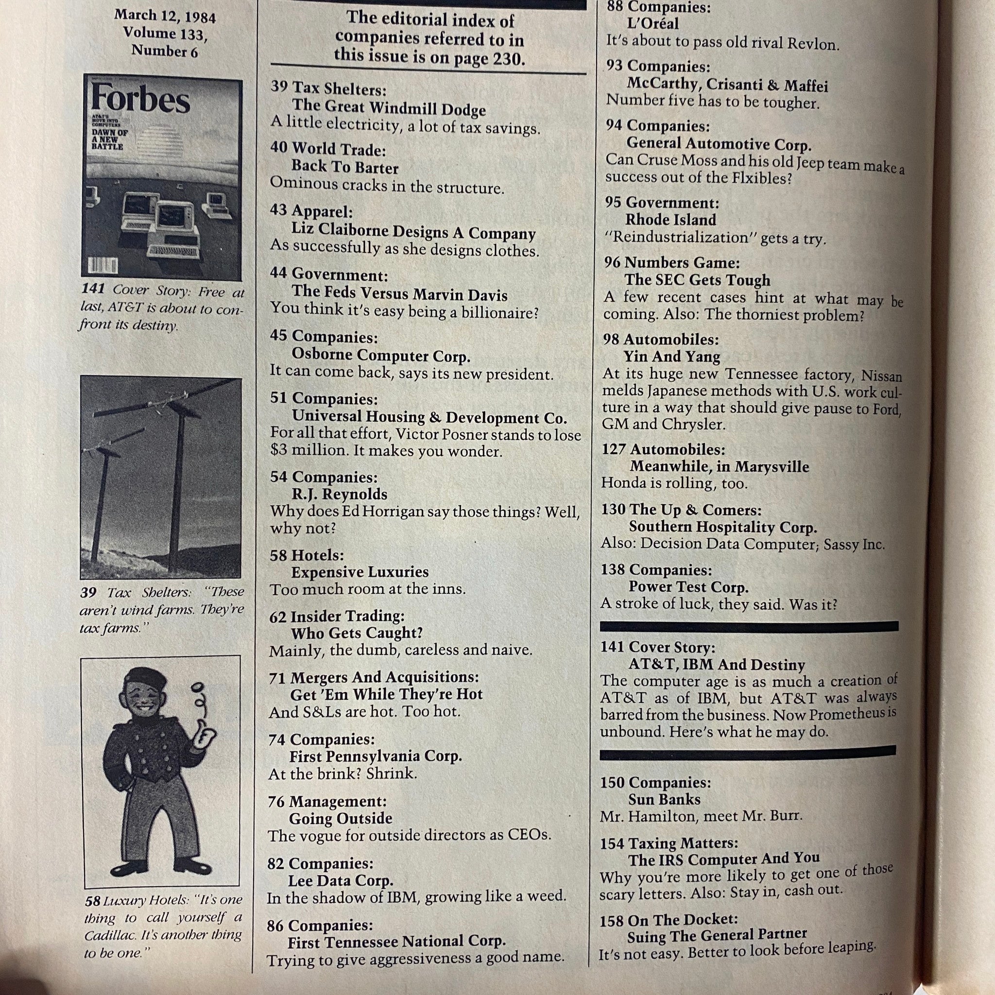Table of contents from Forbes Magazine dated March 12, 1984, showcasing articles including 'Tax Shelters', 'World Trade', and 'Insider Trading' related to AT&T's business strategies.