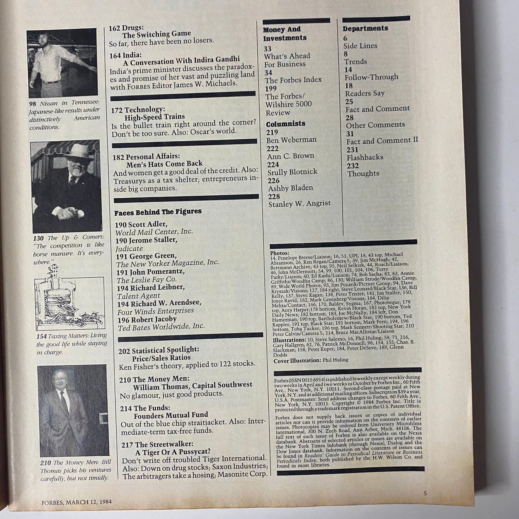 Page from Forbes Magazine, March 12, 1984, detailing various articles and companies including a discussion of the economic themes of the time, geared towards business enthusiasts.