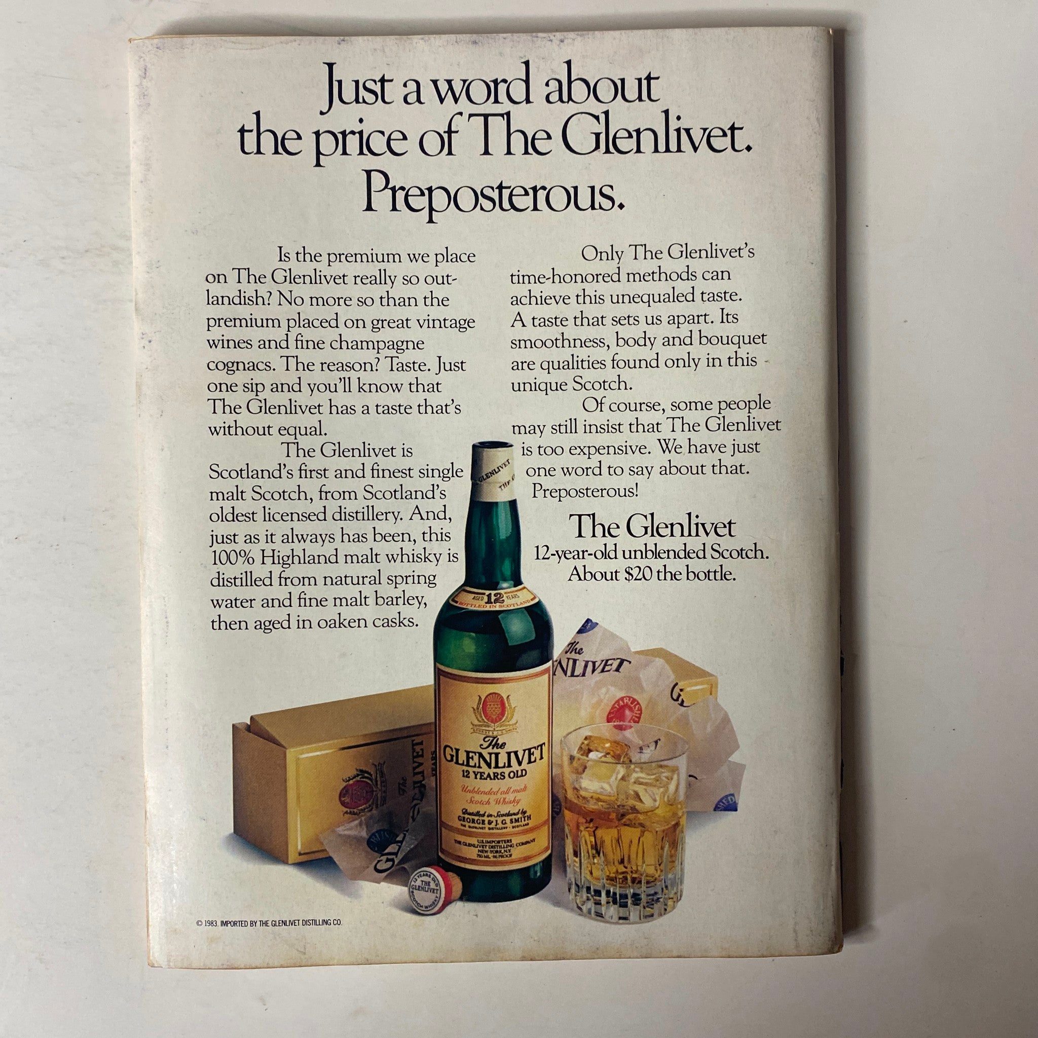 An advertisement from Forbes Magazine March 12, 1984 featuring The Glenlivet whiskey. The ad discusses the premium pricing of The Glenlivet, its unique taste, and highlights it as Scotland's finest single malt Scotch, shown with the bottle, glass, and packaging.