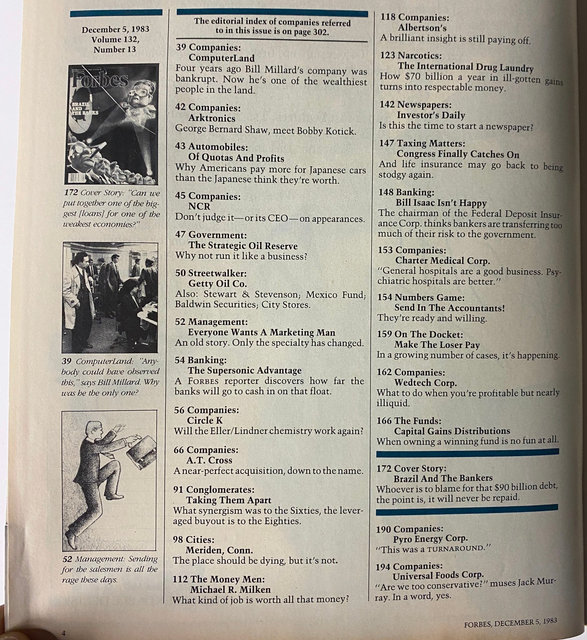 Editorial index page from Forbes Magazine December 5, 1983, detailing various company features including ComputerLand and strategic oil reserve discussions.