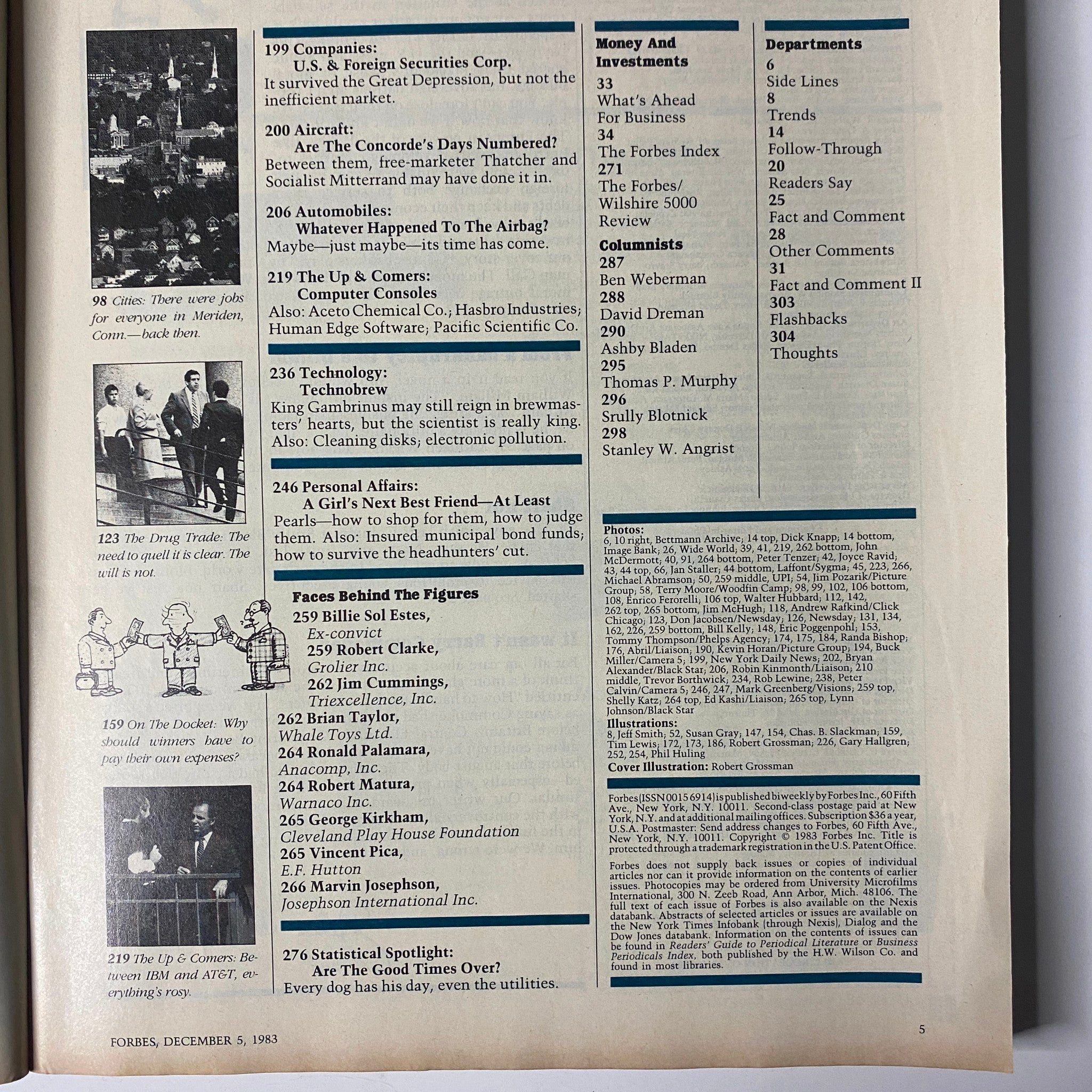 Page showing articles from Forbes Magazine December 5, 1983, highlighting economic commentary including a focus on drug trade and technology advancements.