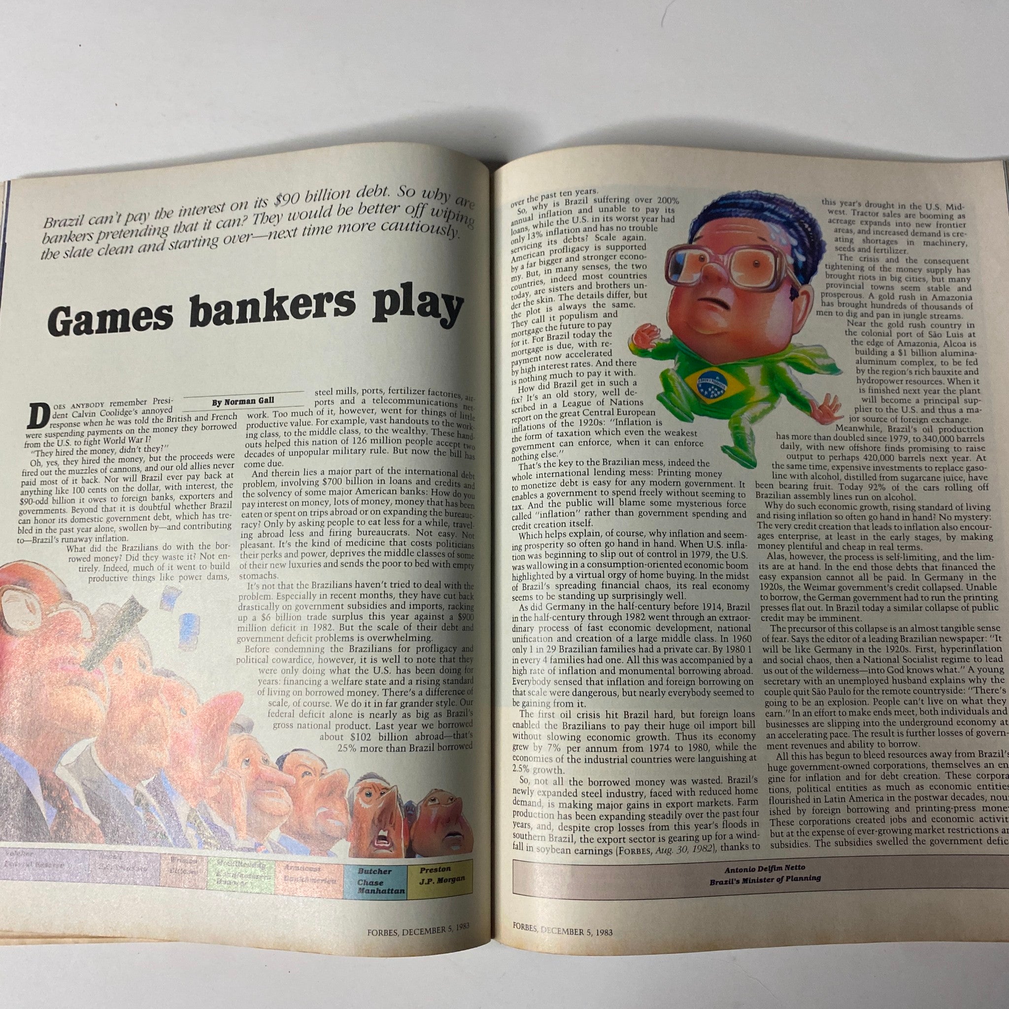 Page from Forbes Magazine December 5, 1983, featuring an article about Brazil's financial situation with an illustration emphasizing the banking sector.