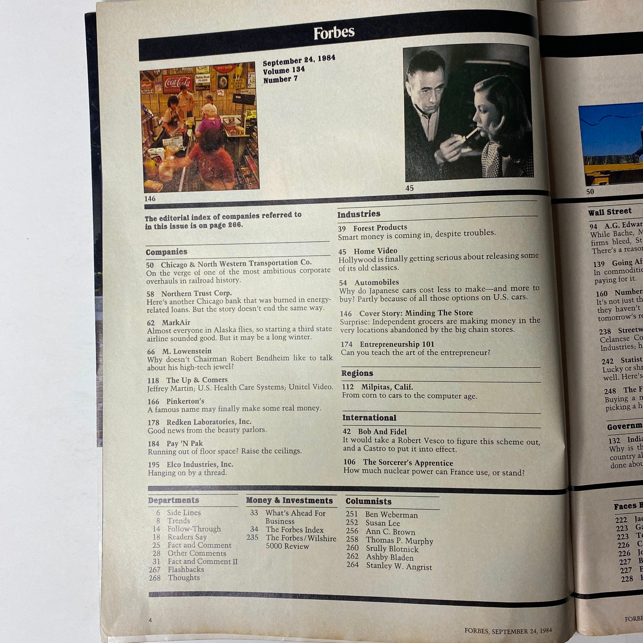 Interior page of Forbes Magazine from September 24, 1984, containing the editorial index and highlights of the issue including articles on food retailing and other prominent topics.
