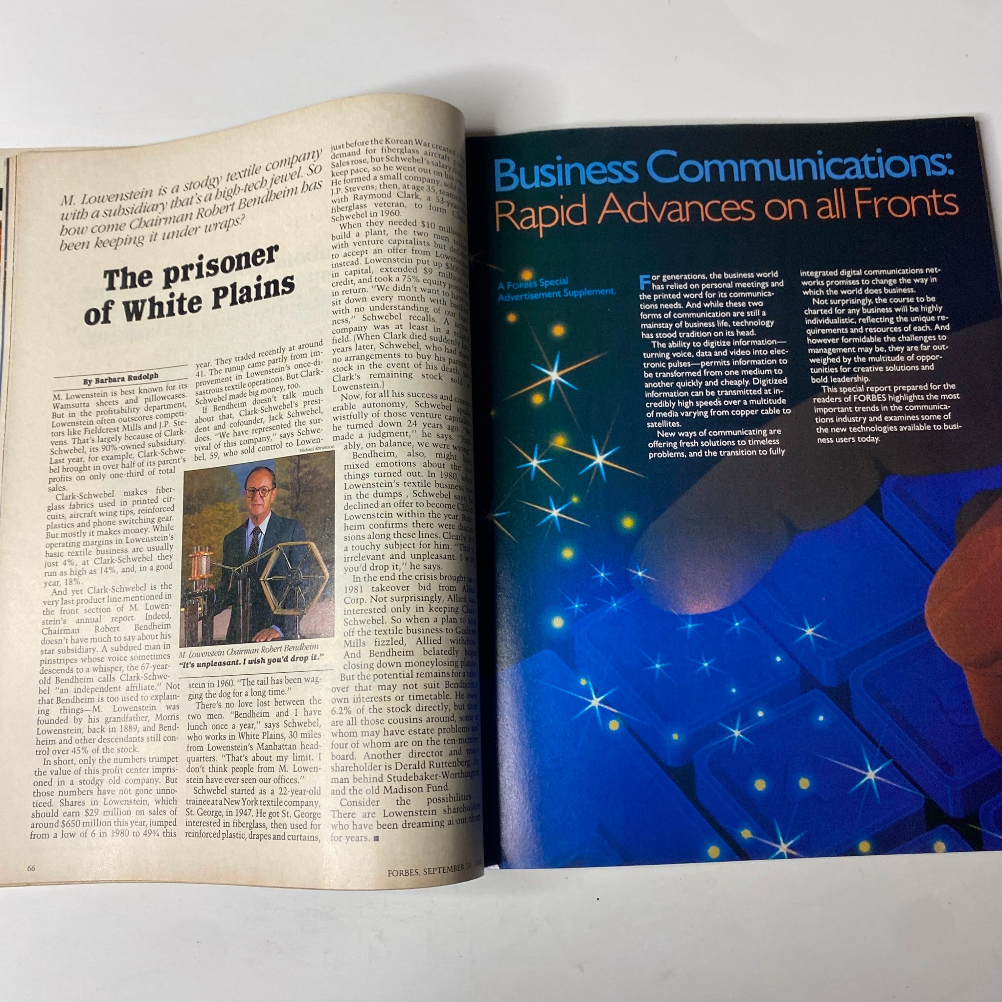 A two-page spread from Forbes Magazine dated September 24, 1984, featuring an article titled 'The prisoner of White Plains' alongside an advertisement for business communications.
