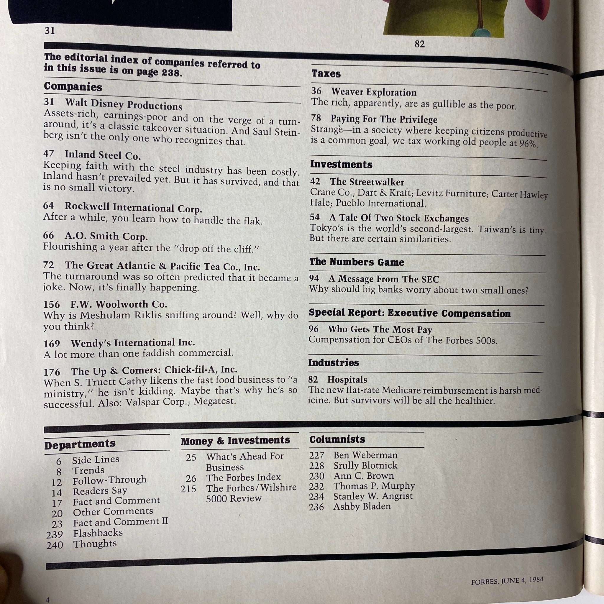 Table of contents from Forbes Magazine June 4, 1984, highlighting key articles and companies including Walt Disney Productions and insights on corporate strategies.