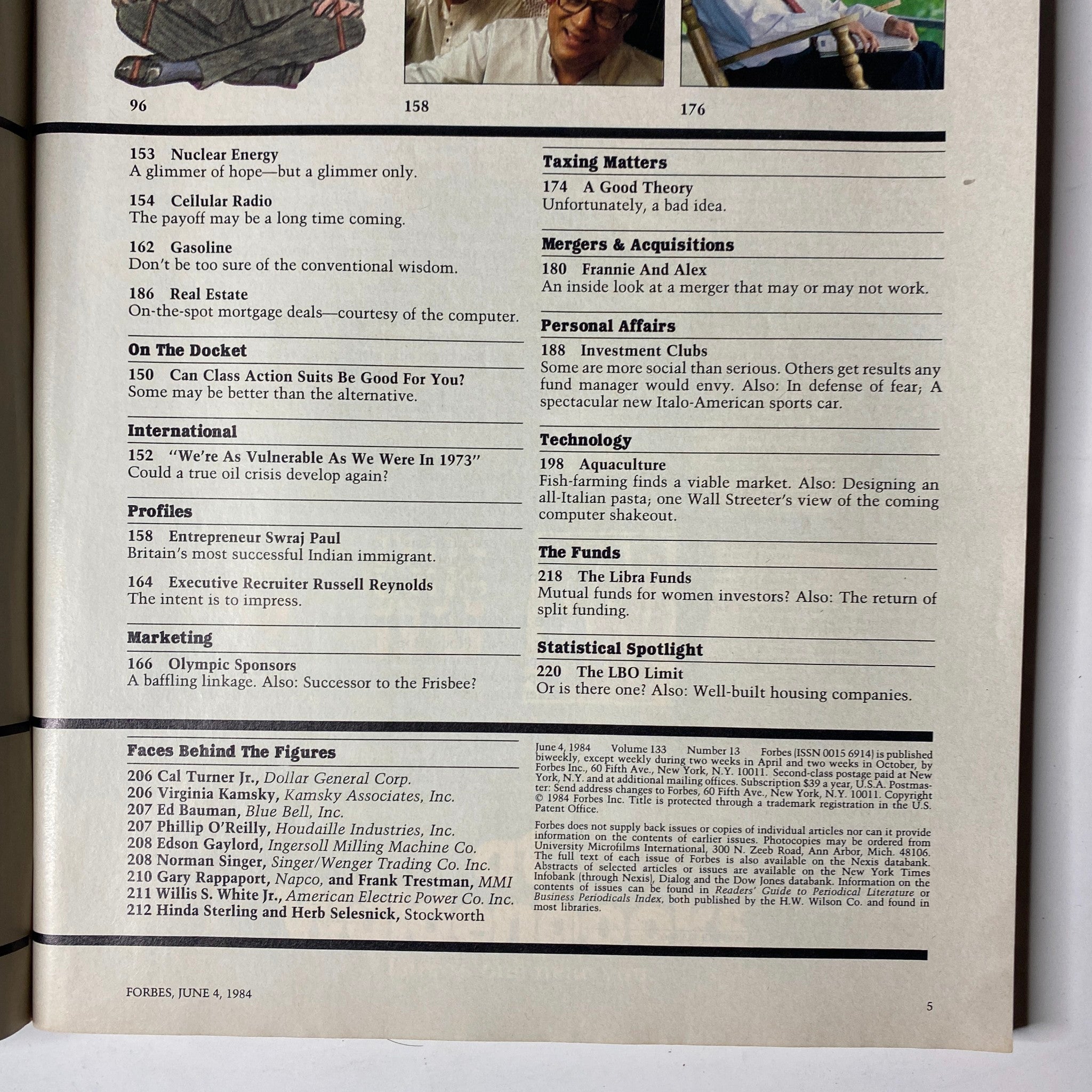 Page from Forbes Magazine June 4, 1984, detailing editorial features on investments, company profiles, and economic trends.