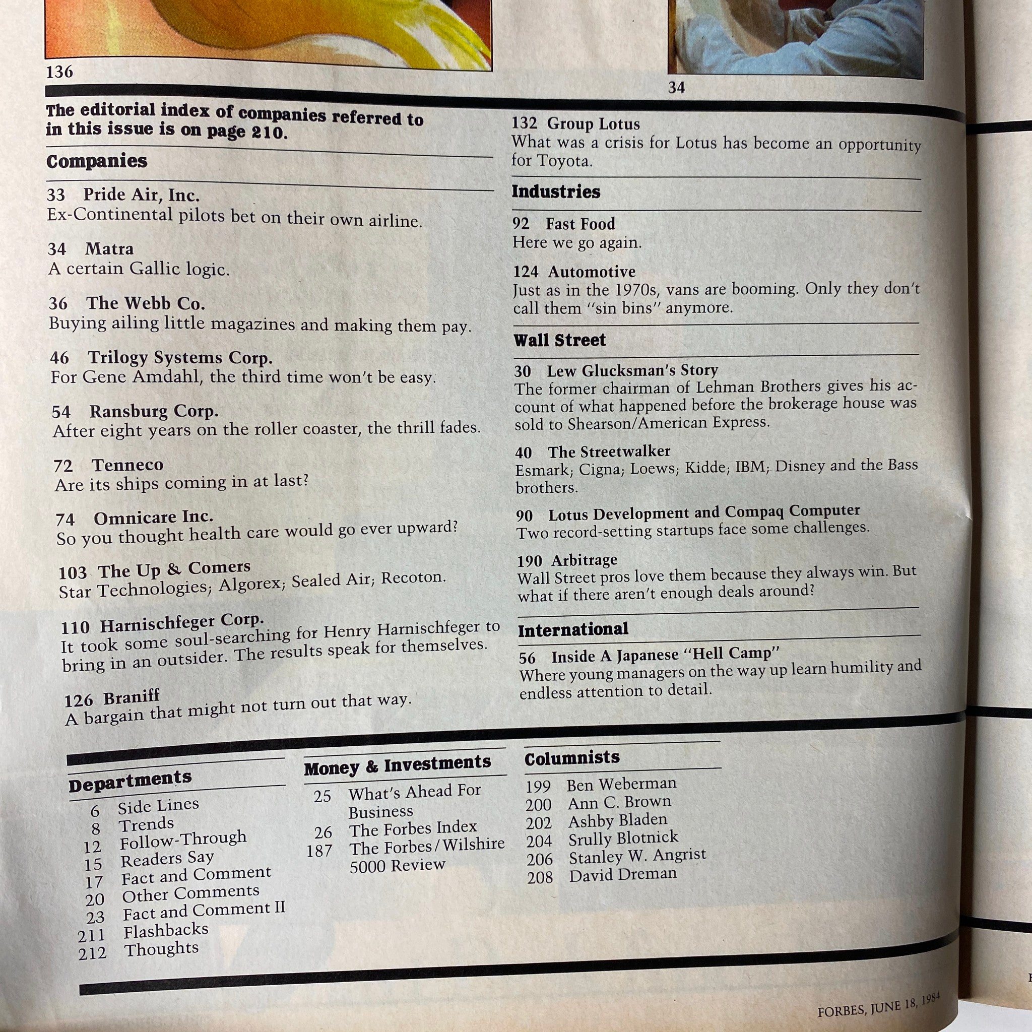 Editorial index of companies mentioned in Forbes Magazine June 18, 1984, including significant coverage of business trends.
