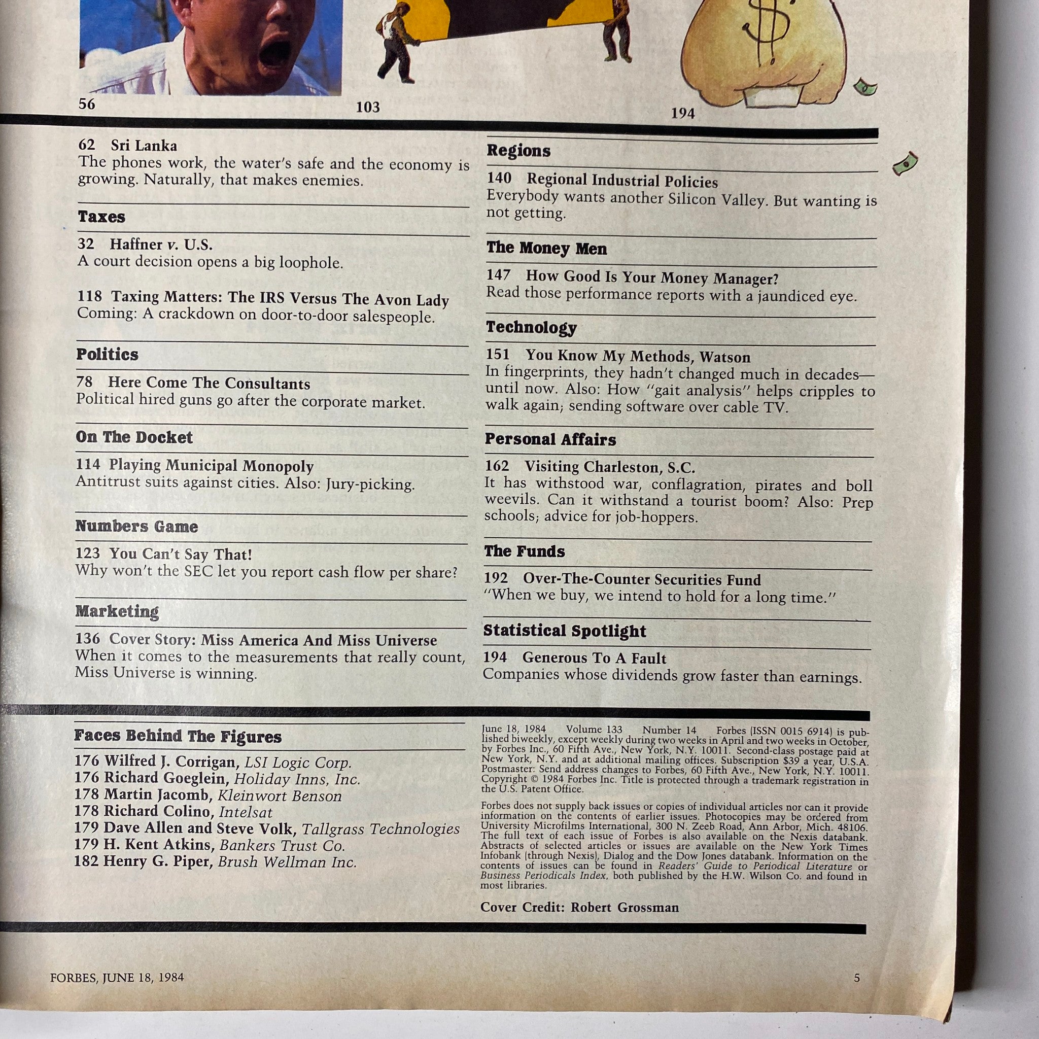 Page from Forbes Magazine June 18, 1984, detailing various articles and segments including marketing and business analysis.