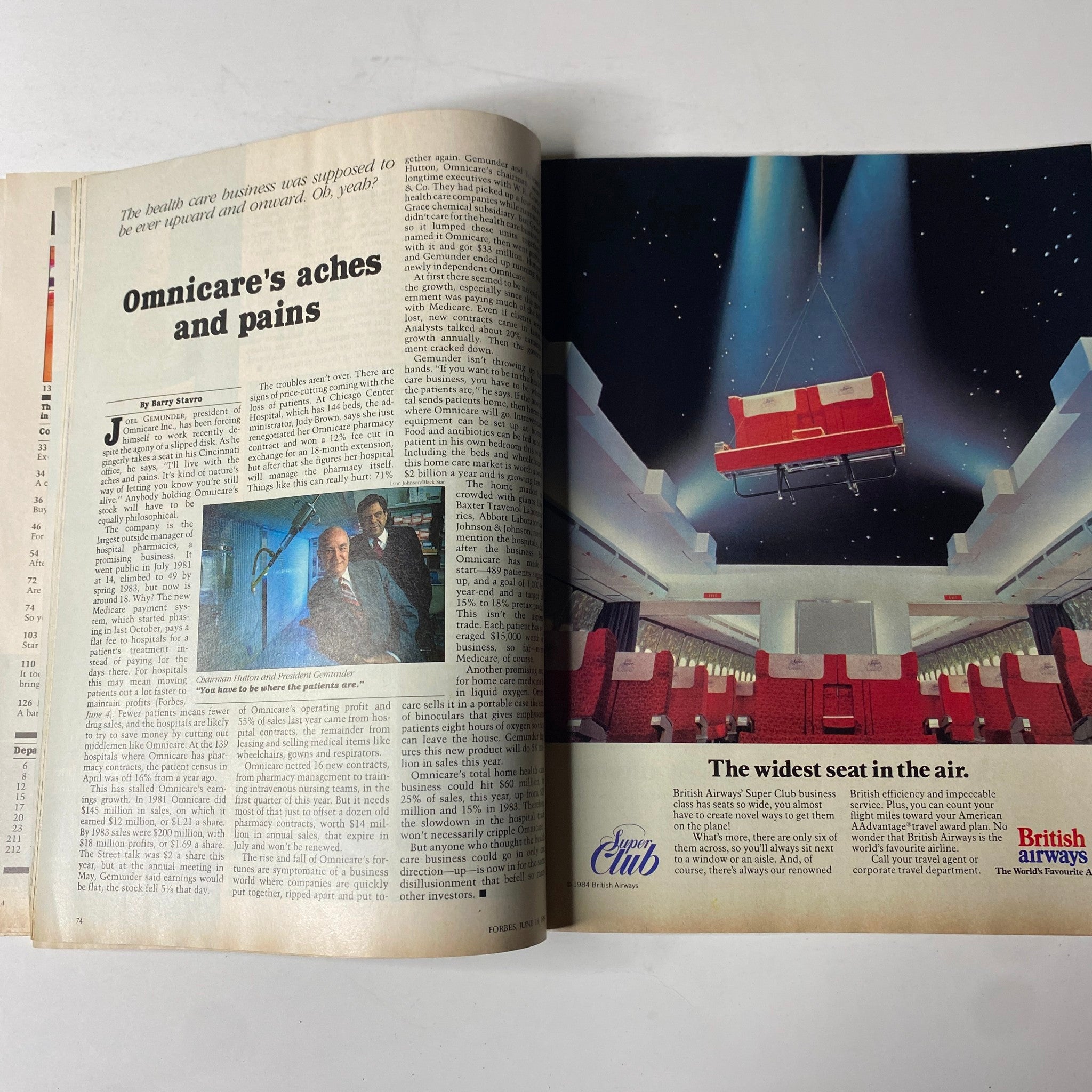 Article spread from Forbes Magazine June 18, 1984, discussing Omnicare and British Airways' business strategies.