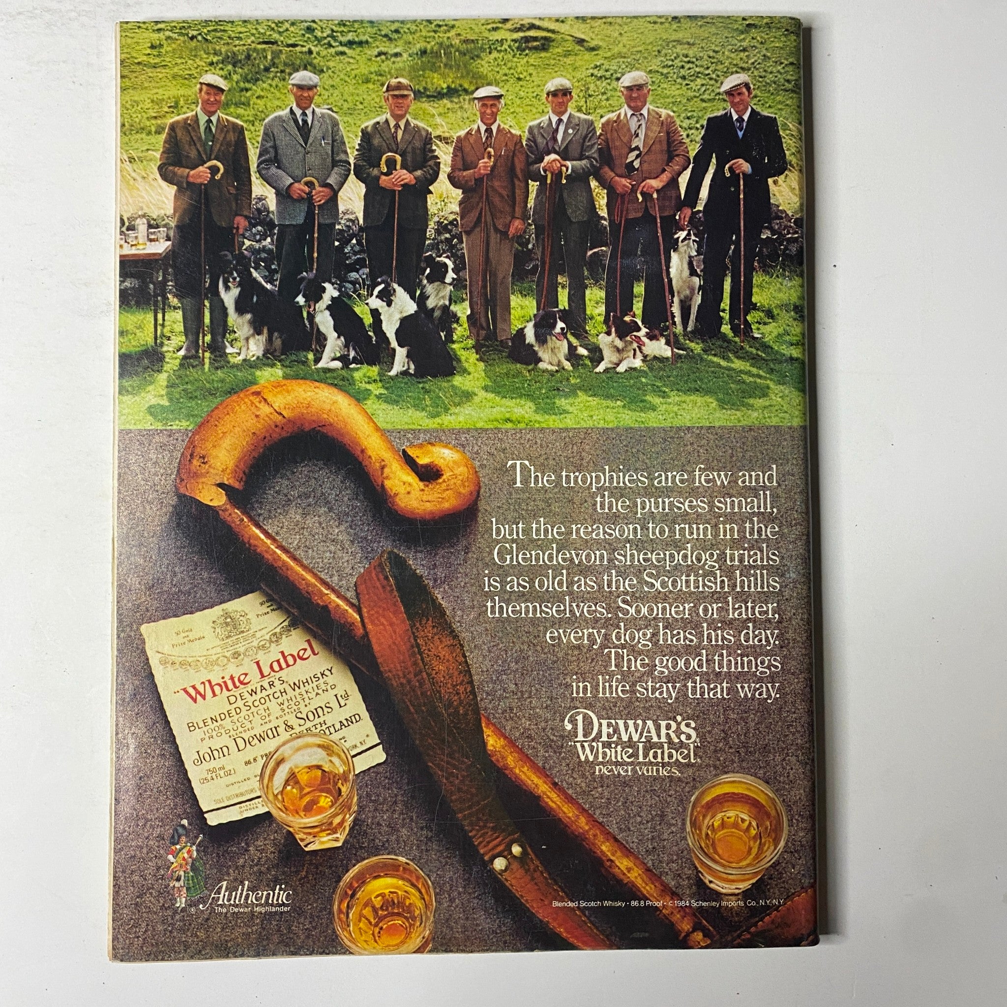 Forbes Magazine June 18, 1984 cover featuring a vintage advertisement for Dewar's White Label Scotch Whisky, depicting a group of men in traditional attire standing in a grassy field with sheepdogs, alongside a whiskey glass and a shepherd's crook.