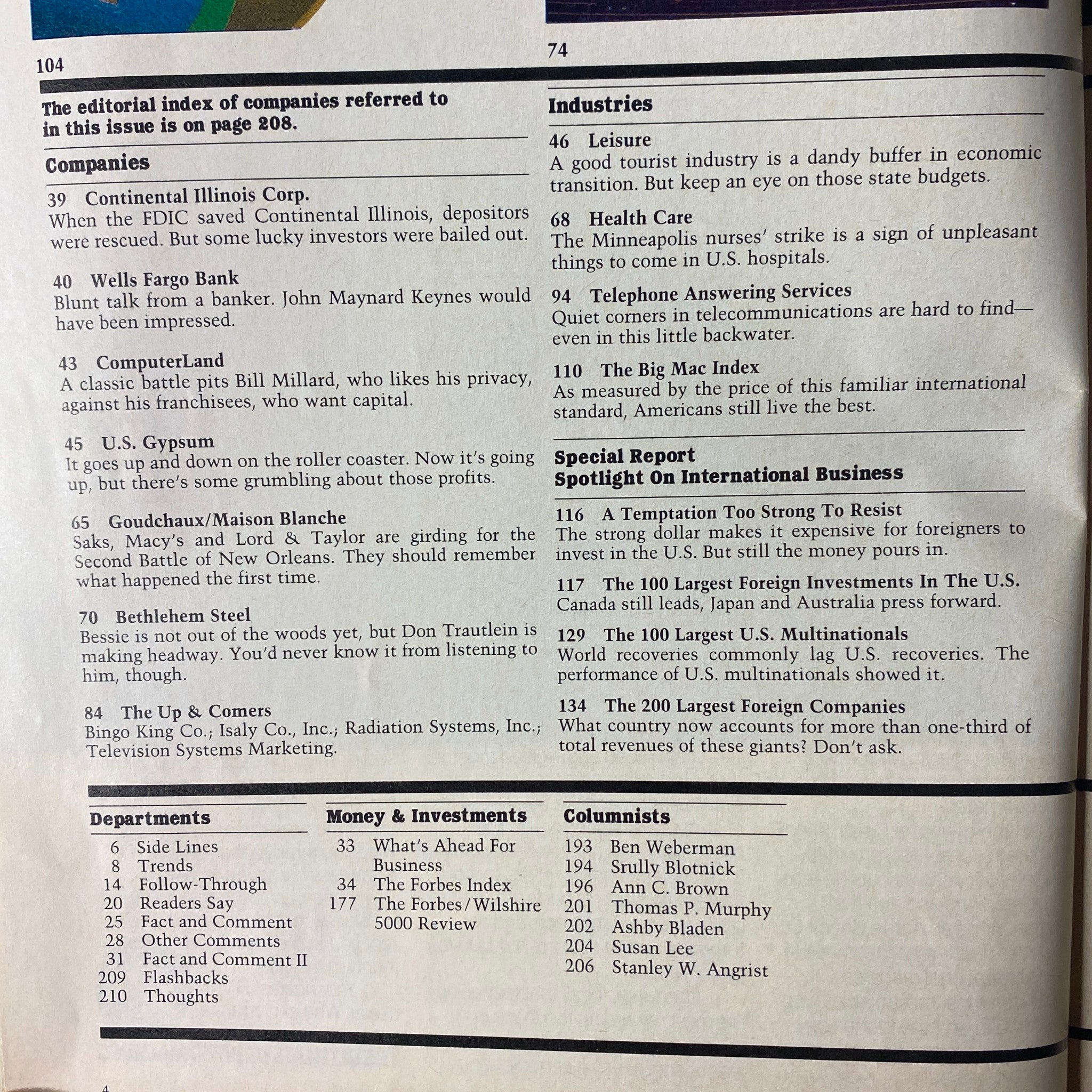Editorial index page from Forbes Magazine July 2, 1984 listing companies and industries mentioned in the issue, including entries for Wells Fargo and U.S. Gypsum.