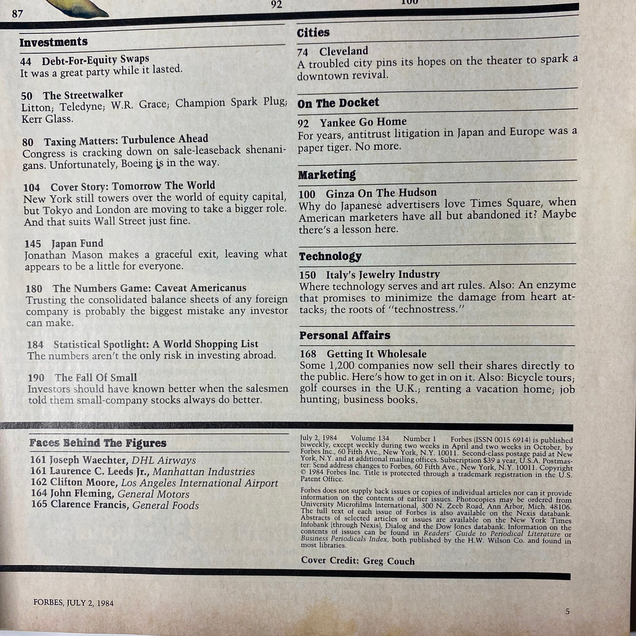 Content page of Forbes Magazine July 2, 1984 that highlights various investment topics and notable articles such as 'Debt-For-Equity Swaps' and the 'Streetwalker'.