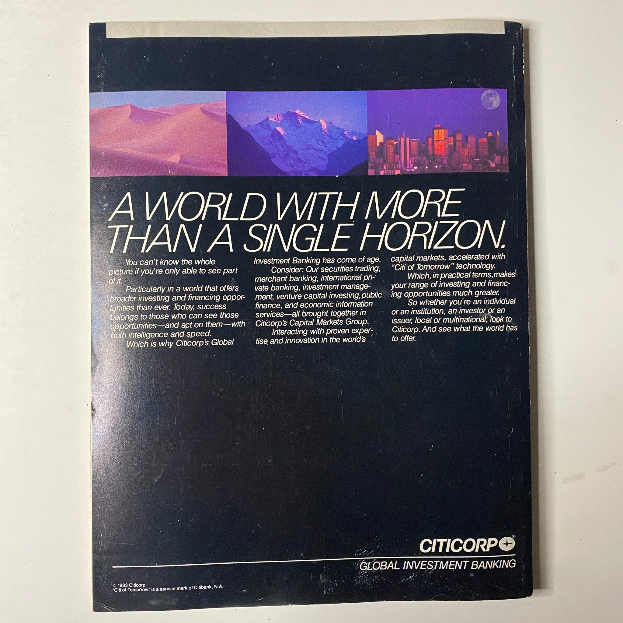 Back cover of Forbes Magazine July 2, 1984 showcasing an advertisement for Citicorp Global Investment Banking, emphasizing the importance of diverse investment opportunities.