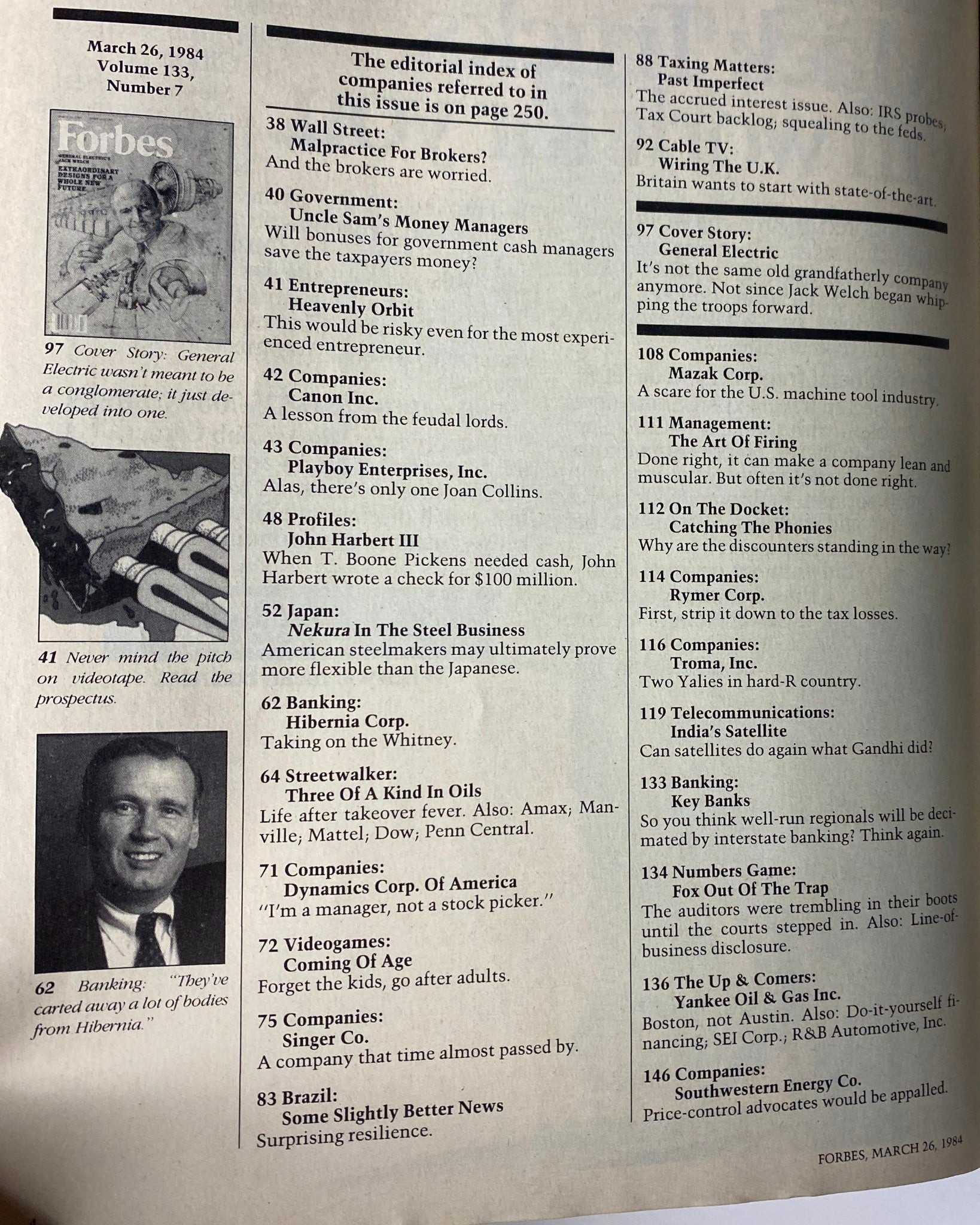 Editorial index from Forbes Magazine, March 26, 1984, featuring content on General Electric and other companies, highlighting the cover story on Jack Welch.