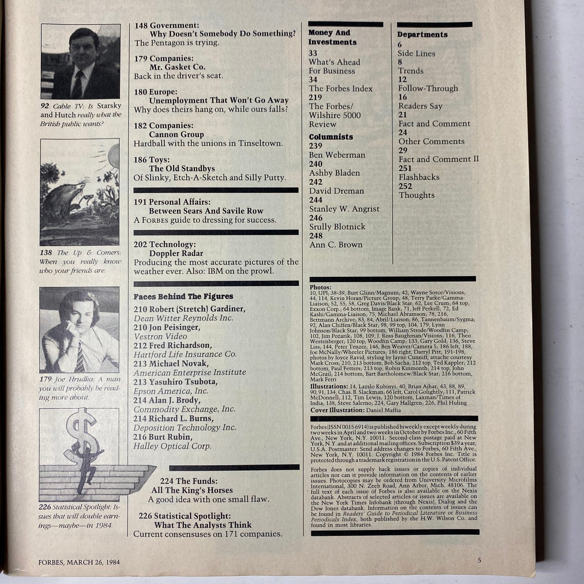 Contents page of Forbes Magazine, March 26, 1984, listing articles and features from influential companies during the era, showcasing the changing dynamics in corporate America.