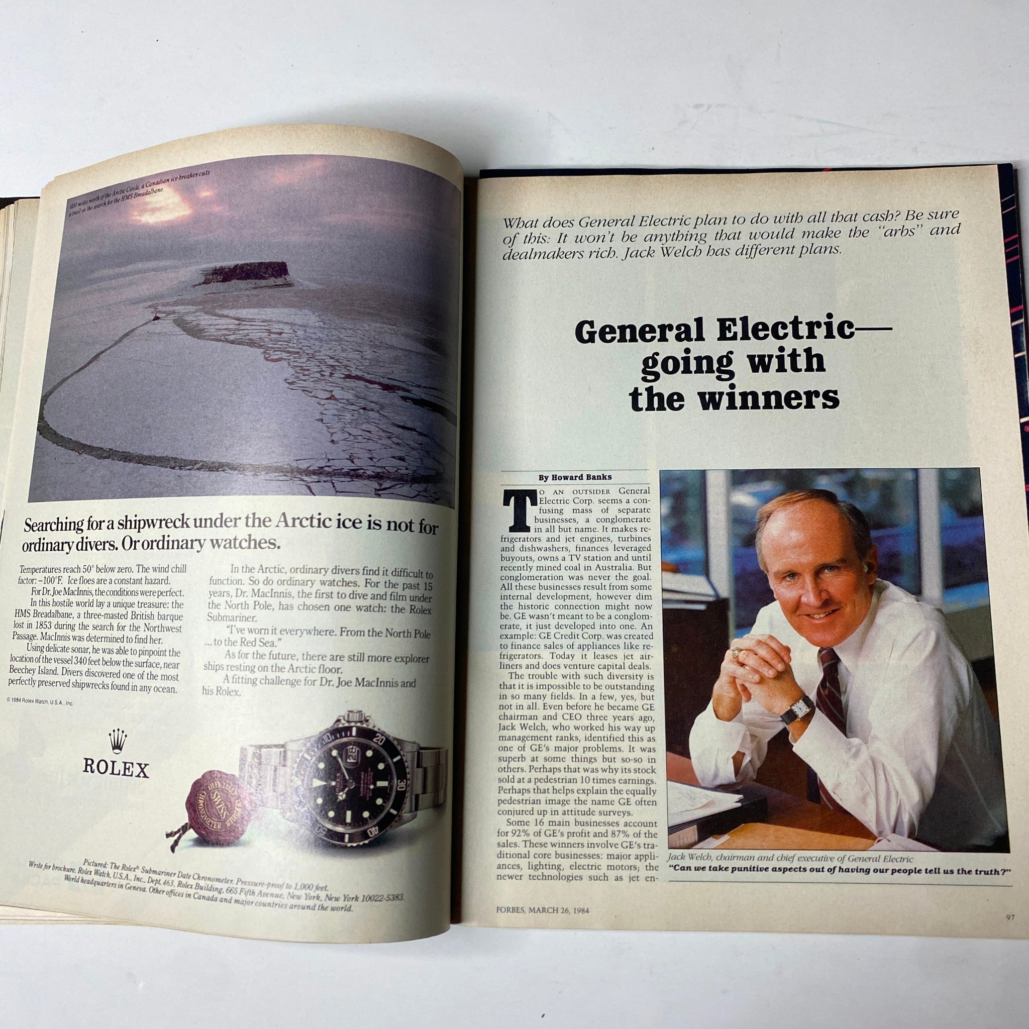 Article spread in Forbes Magazine, March 26, 1984, discussing General Electric and Jack Welch's management strategies with an accompanying image of the Arctic.