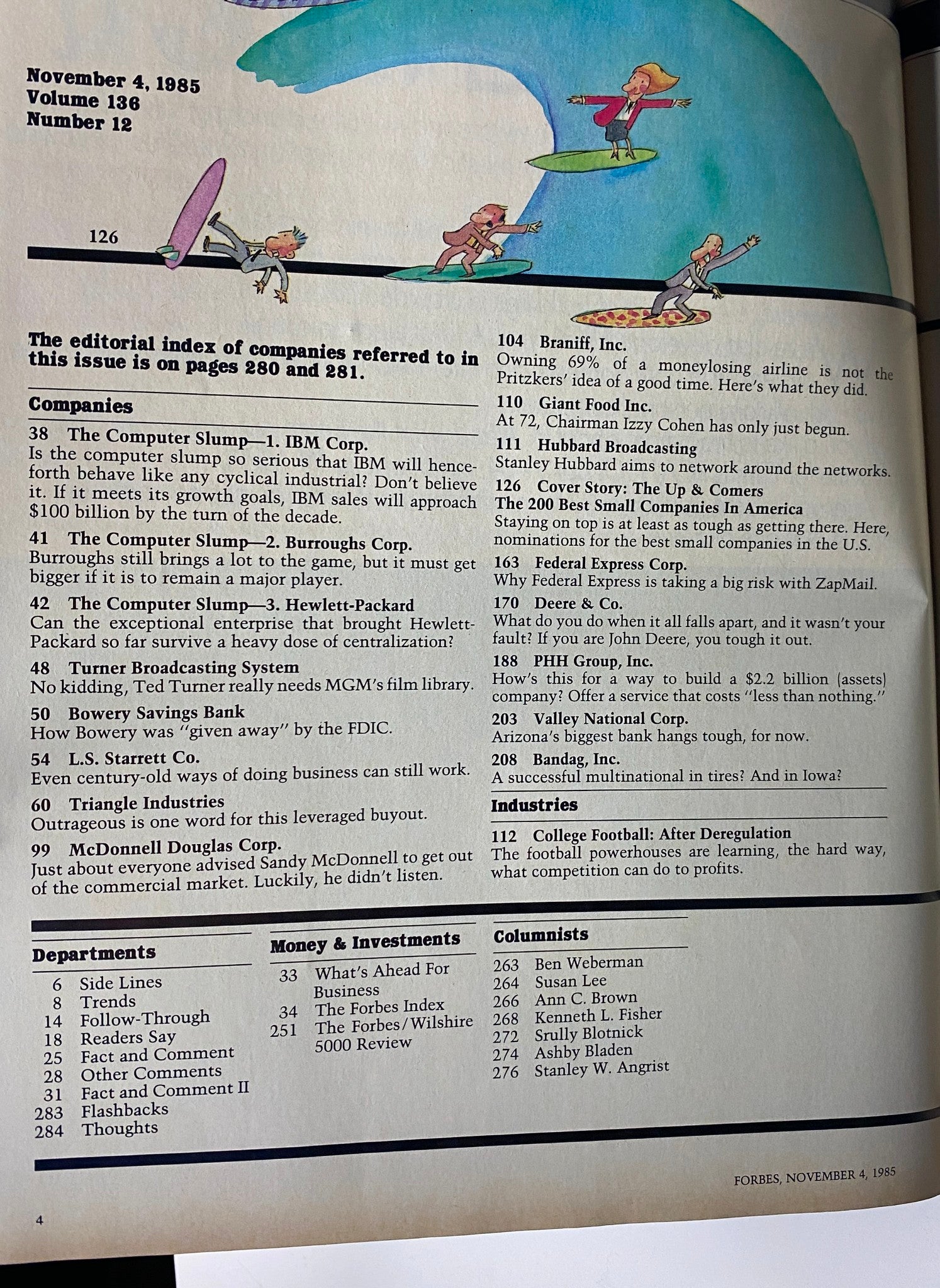 Page from Forbes Magazine, November 4, 1985, displaying the index of companies featured in this issue, including 'The Computer Slump' and 'The 200 Best Small Companies in America'.