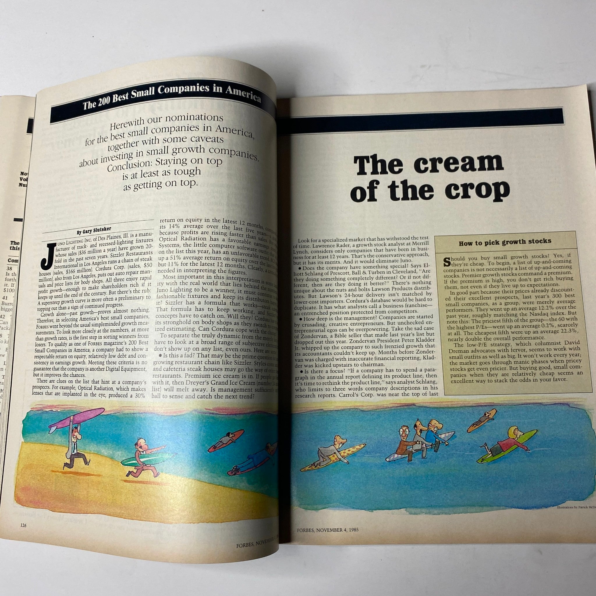 Interior page of Forbes Magazine November 4, 1985 featuring the article 'The 200 Best Small Companies in America' with illustrations of business professionals engaged in activities on the beach.