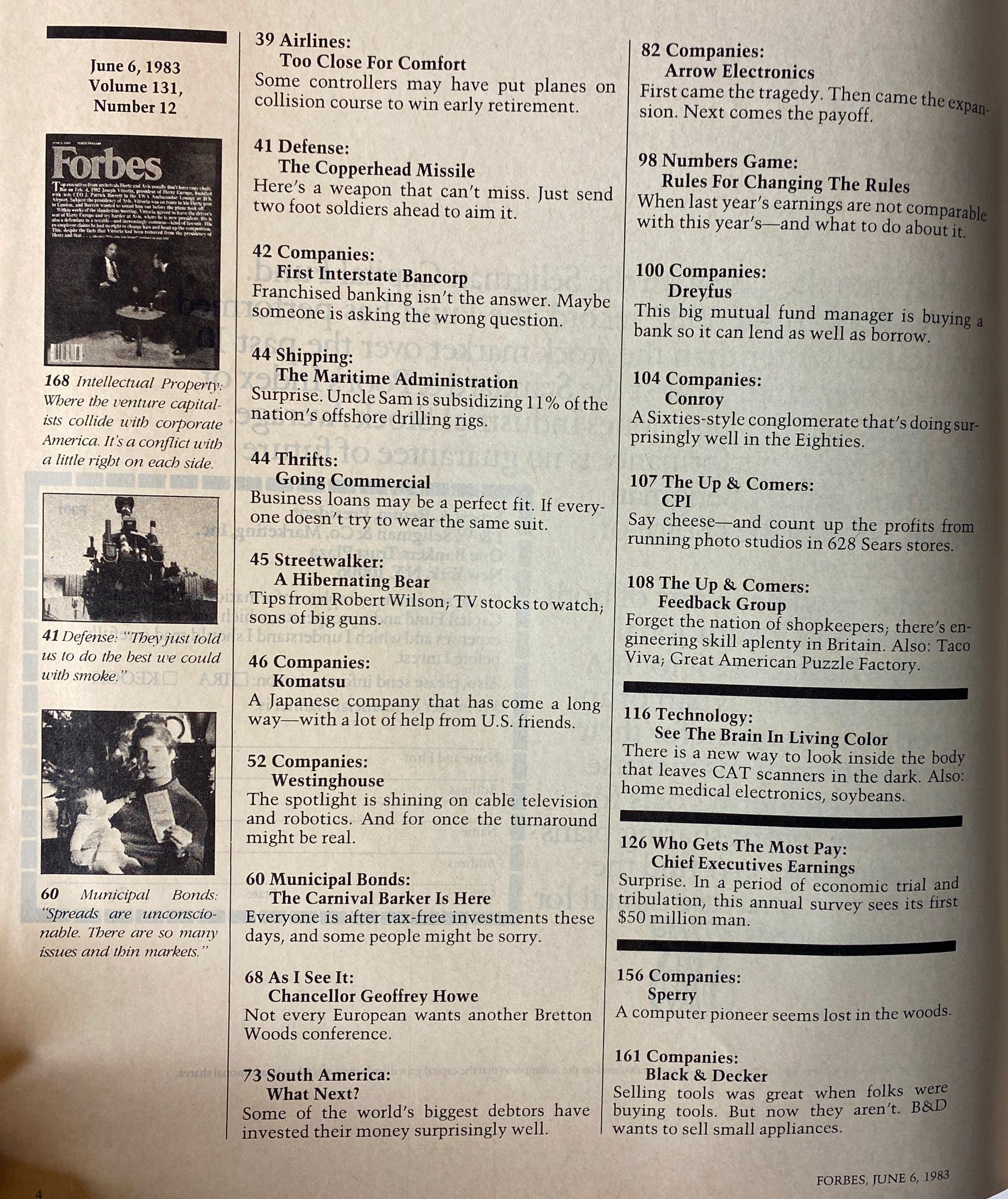Interior pages of Forbes Magazine June 6, 1983, highlighting articles about industry trends, including the Copperhead Missile and corporate finance.