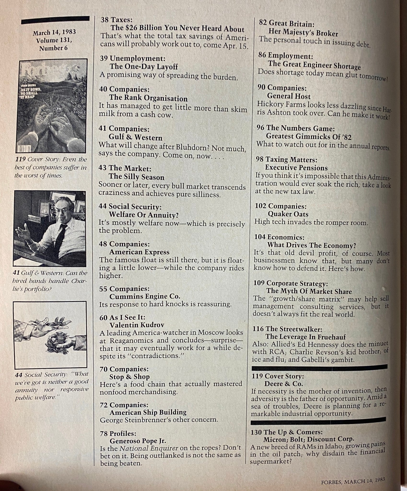 Contents page of Forbes Magazine March 14, 1983 showcasing articles and features related to corporate strategies and economic conditions.