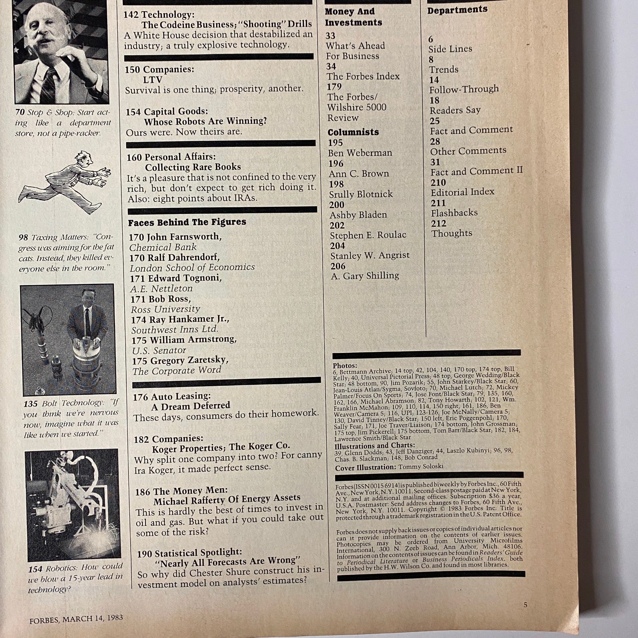 Back cover of Forbes Magazine March 14, 1983 highlighting diverse topics including technology, companies, and finance.