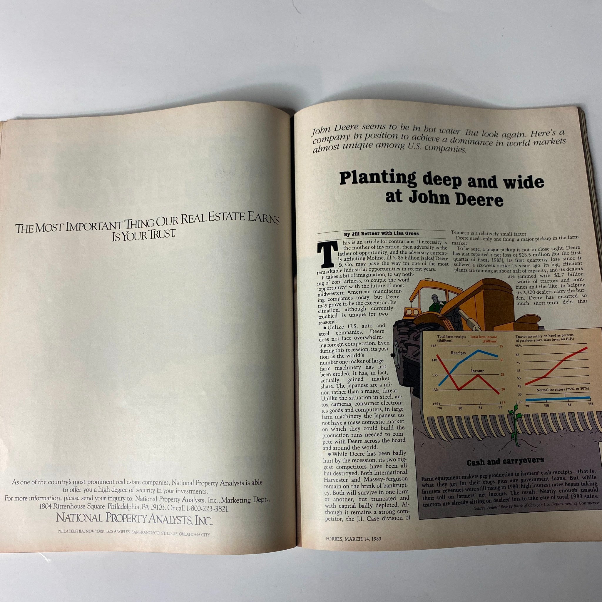 Interior page of Forbes Magazine March 14, 1983 discussing John Deere's market strategies with insightful graphs and illustrations on agricultural economics.