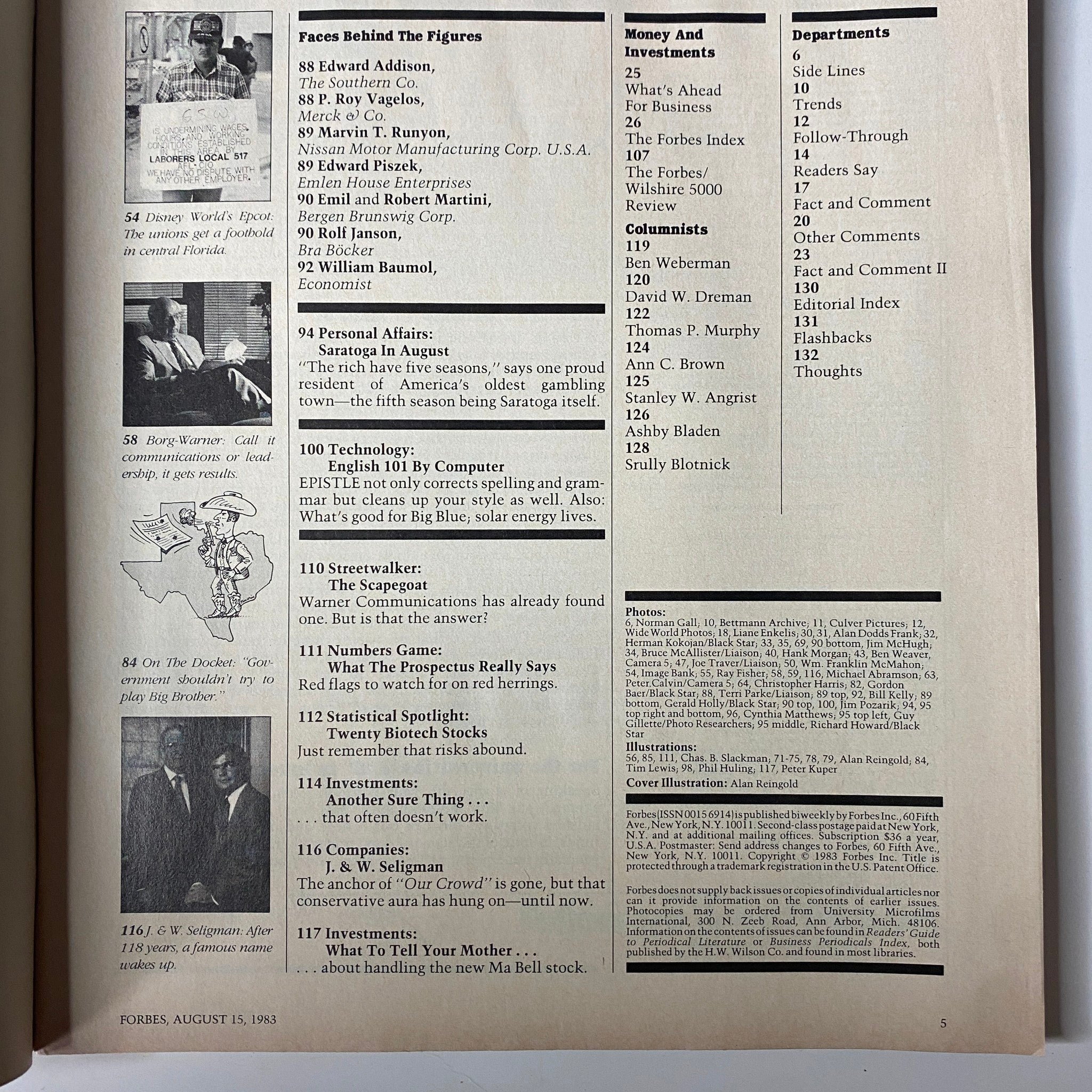 Editorial page from Forbes Magazine, August 15, 1983, highlighting influential figures and business strategies, relevant to Mexico's economic crisis.