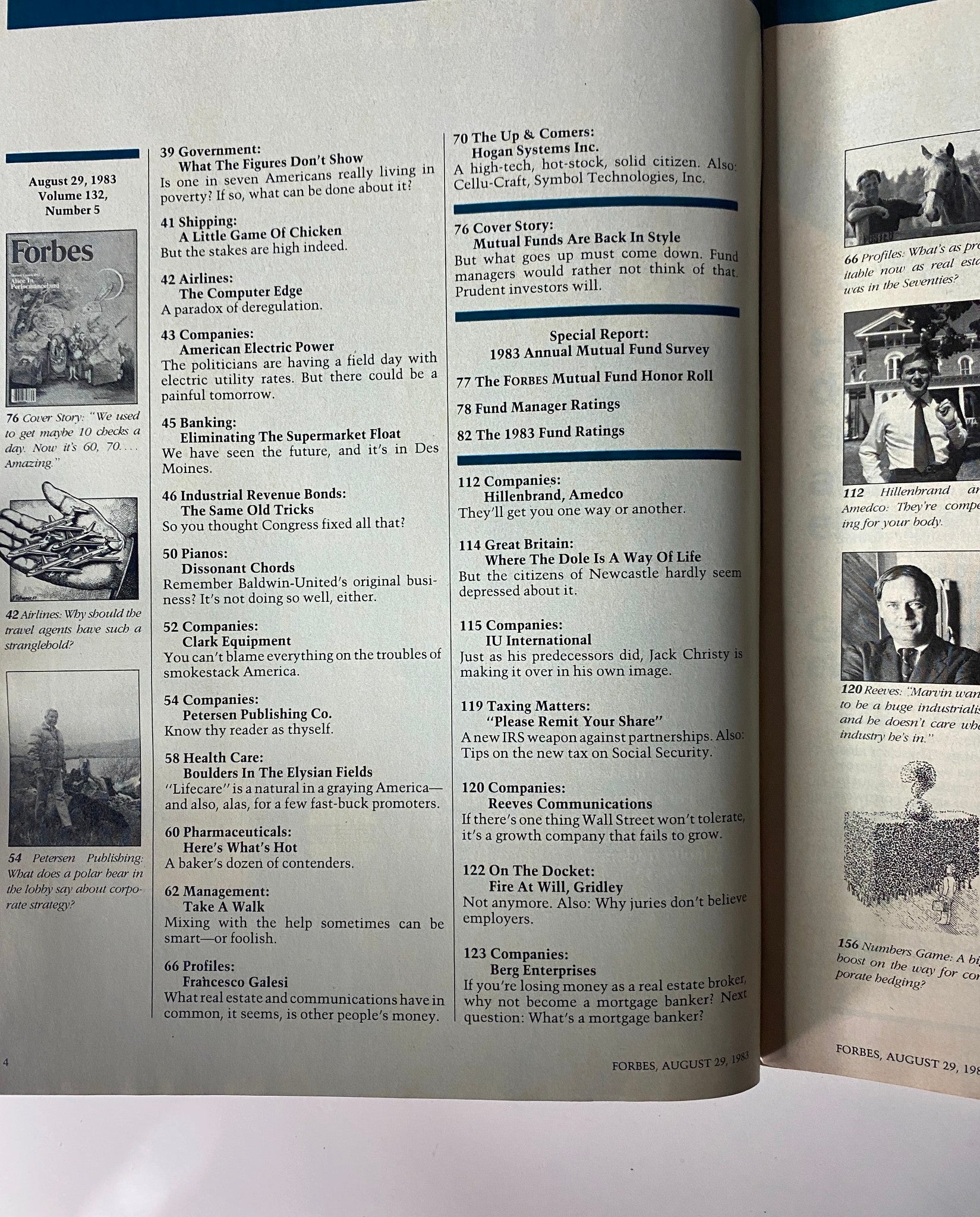 Detailed table of contents from Forbes Magazine August 29, 1983, including features like 'The Up & Comers', 'The Money Men', and investments topics.