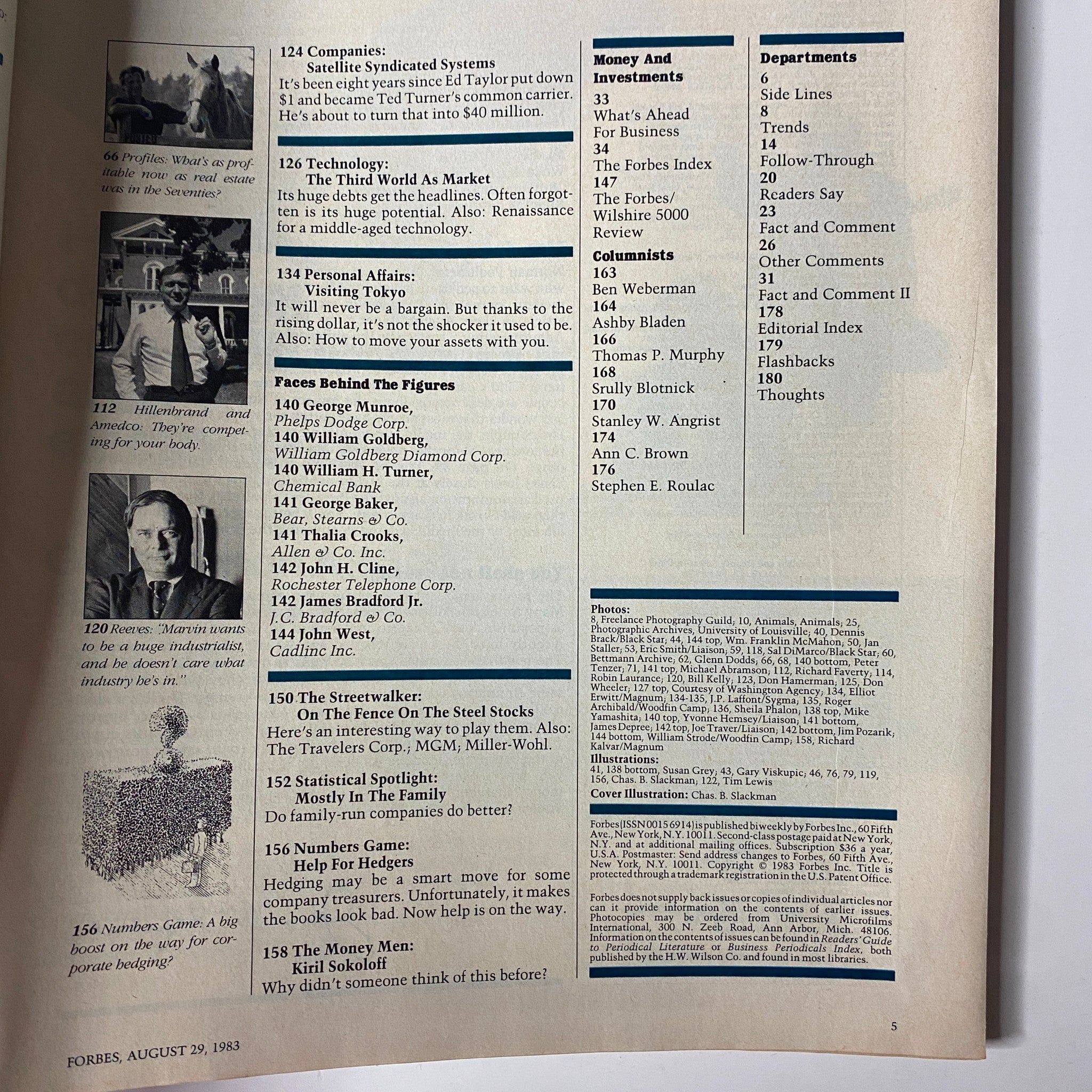 List of companies and articles in Forbes Magazine August 29, 1983, showcasing profiles and financial analysis features.