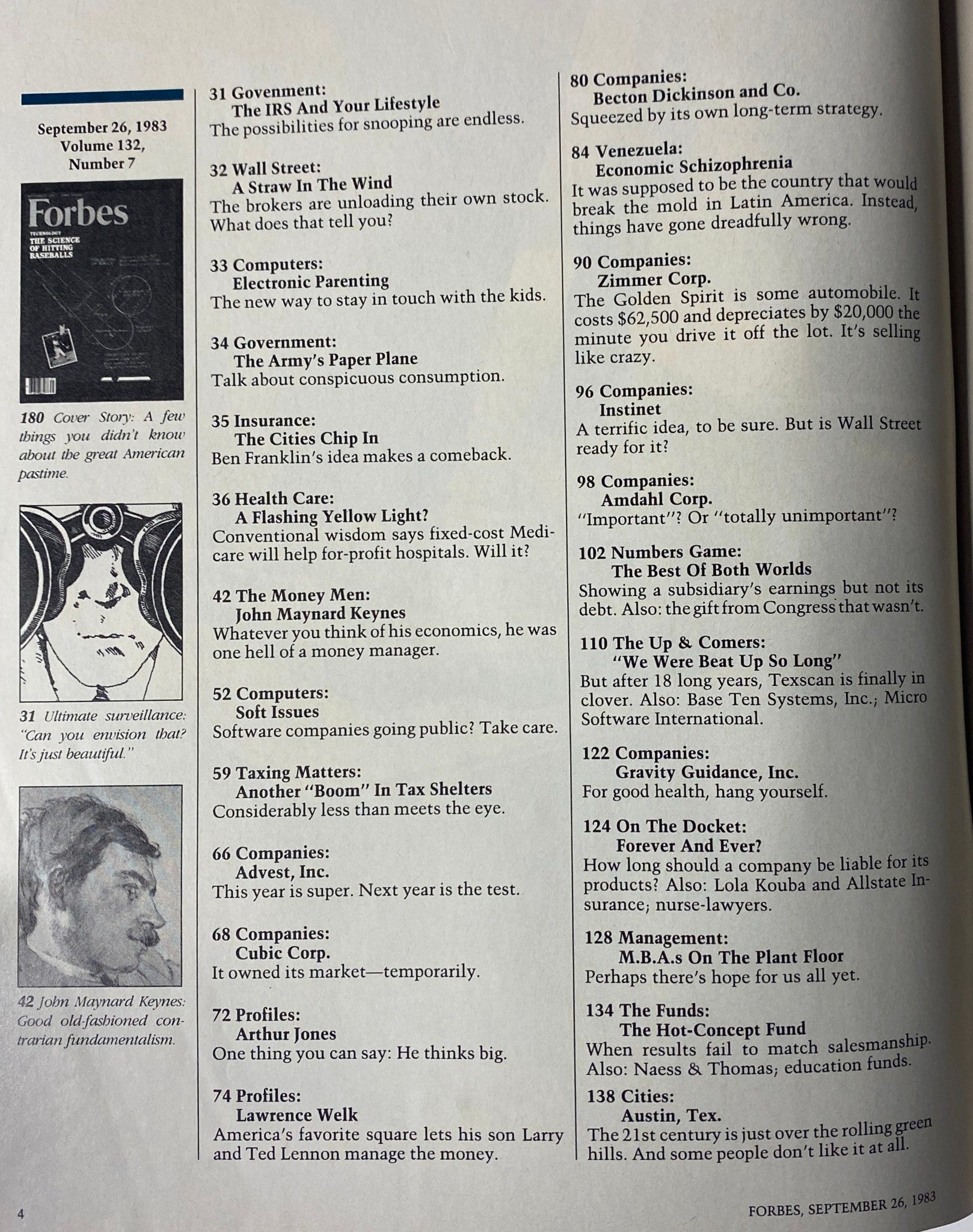 Forbes Magazine September 26, 1983, featuring the table of contents showcasing articles including 'The IRS and Your Lifestyle', 'Wall Street', and the cover story 'The Science of Hitting Baseballs'.