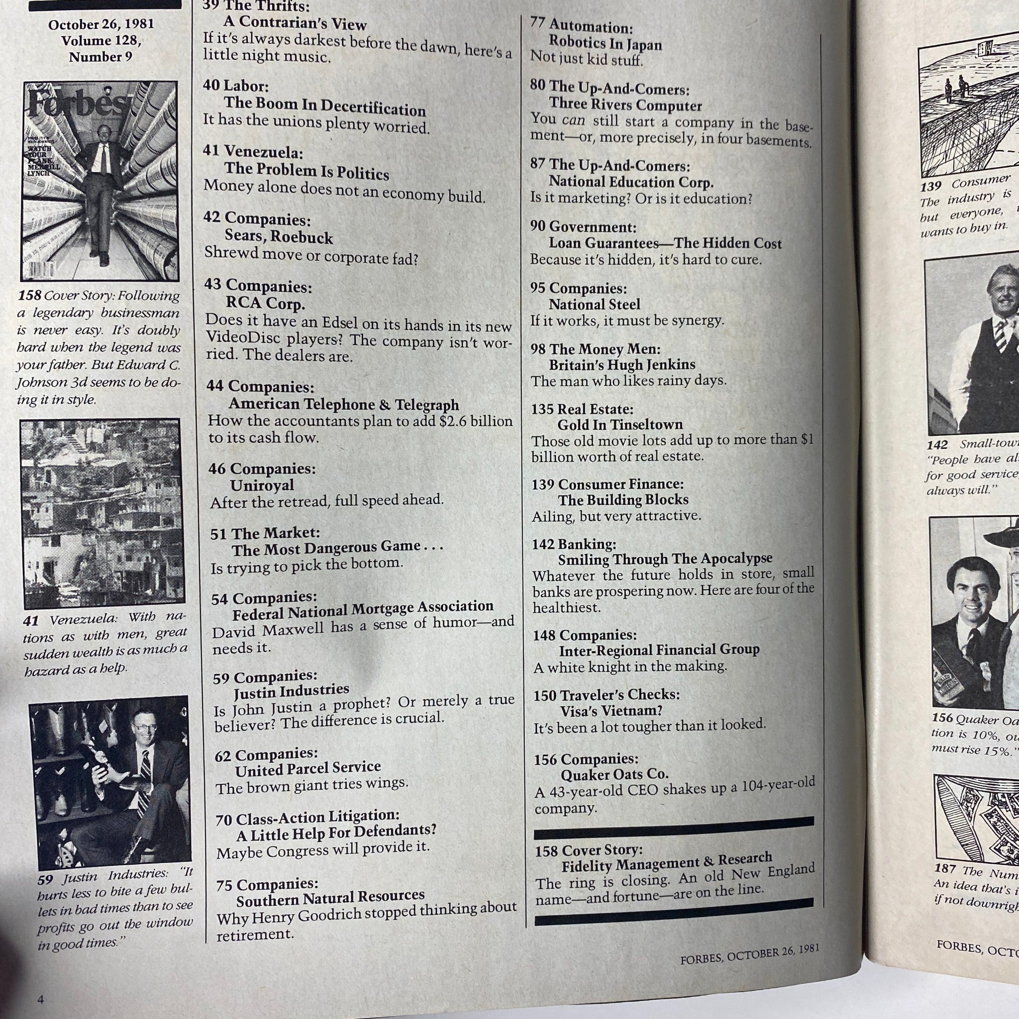 Forbes Magazine October 26, 1981, Volume 128, Number 9, featuring the table of contents highlighting various articles including Fidelity's Ned Johnson.