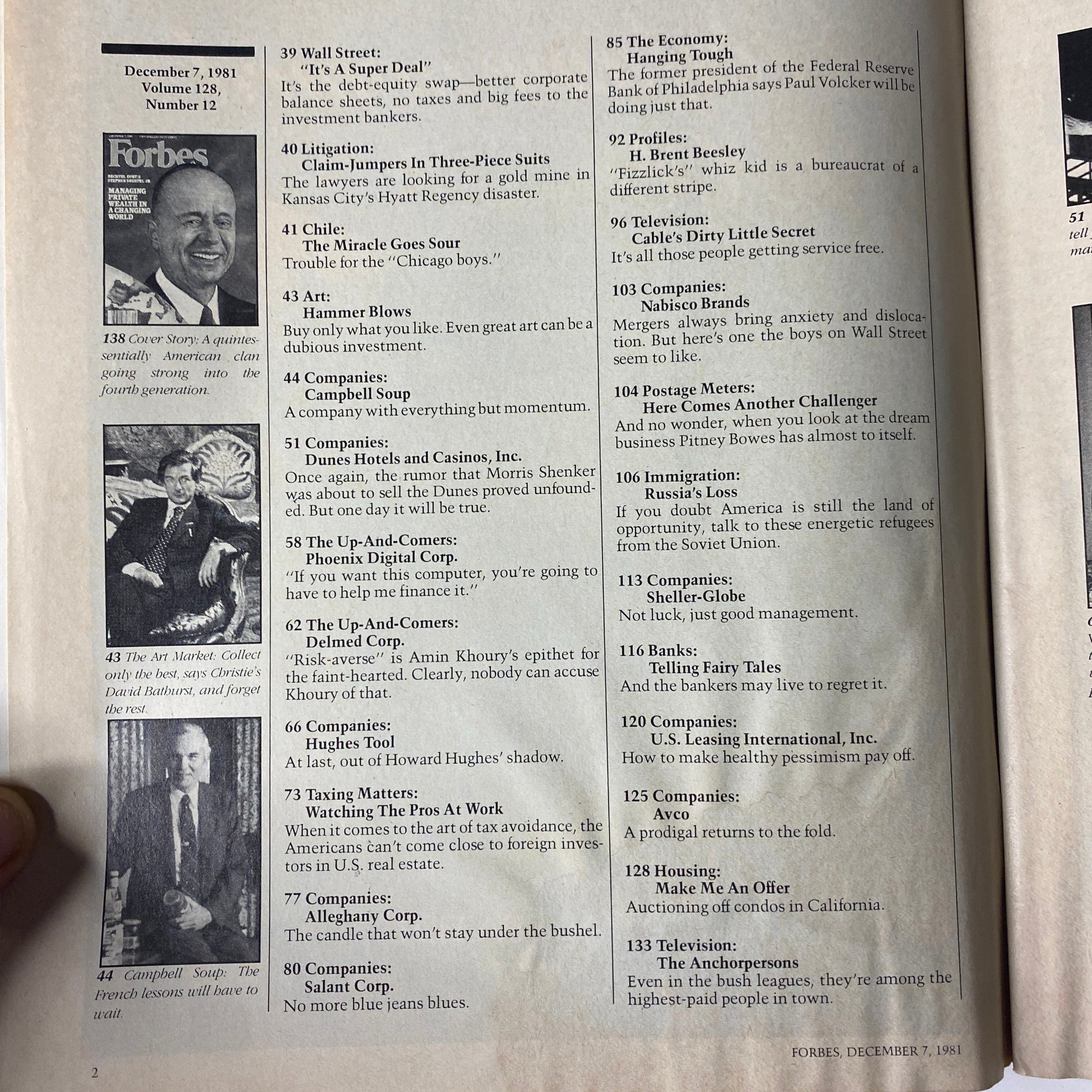 Table of contents for Forbes Magazine December 7, 1981, highlighting various articles including cover story on Stephen Bechtel Jr. Features topics like corporate finance, Wall Street innovations, and economic trends of the era.