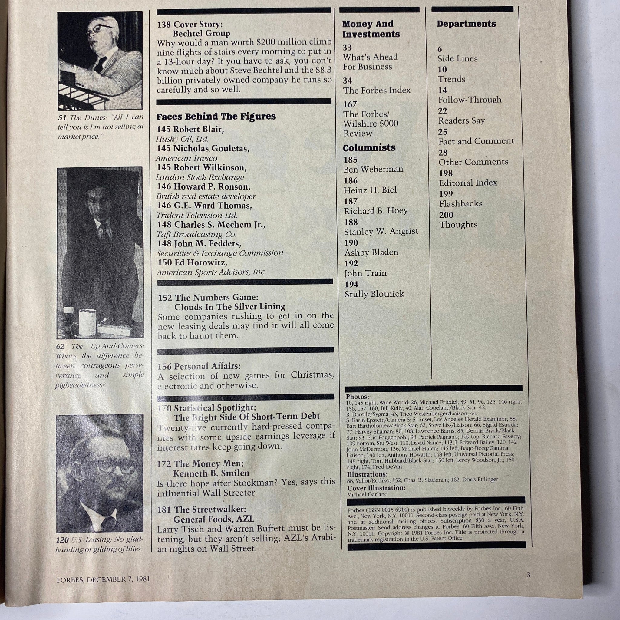 Contents page of Forbes Magazine December 7, 1981, featuring a cover story on Bechtel Corp. and various financial articles.