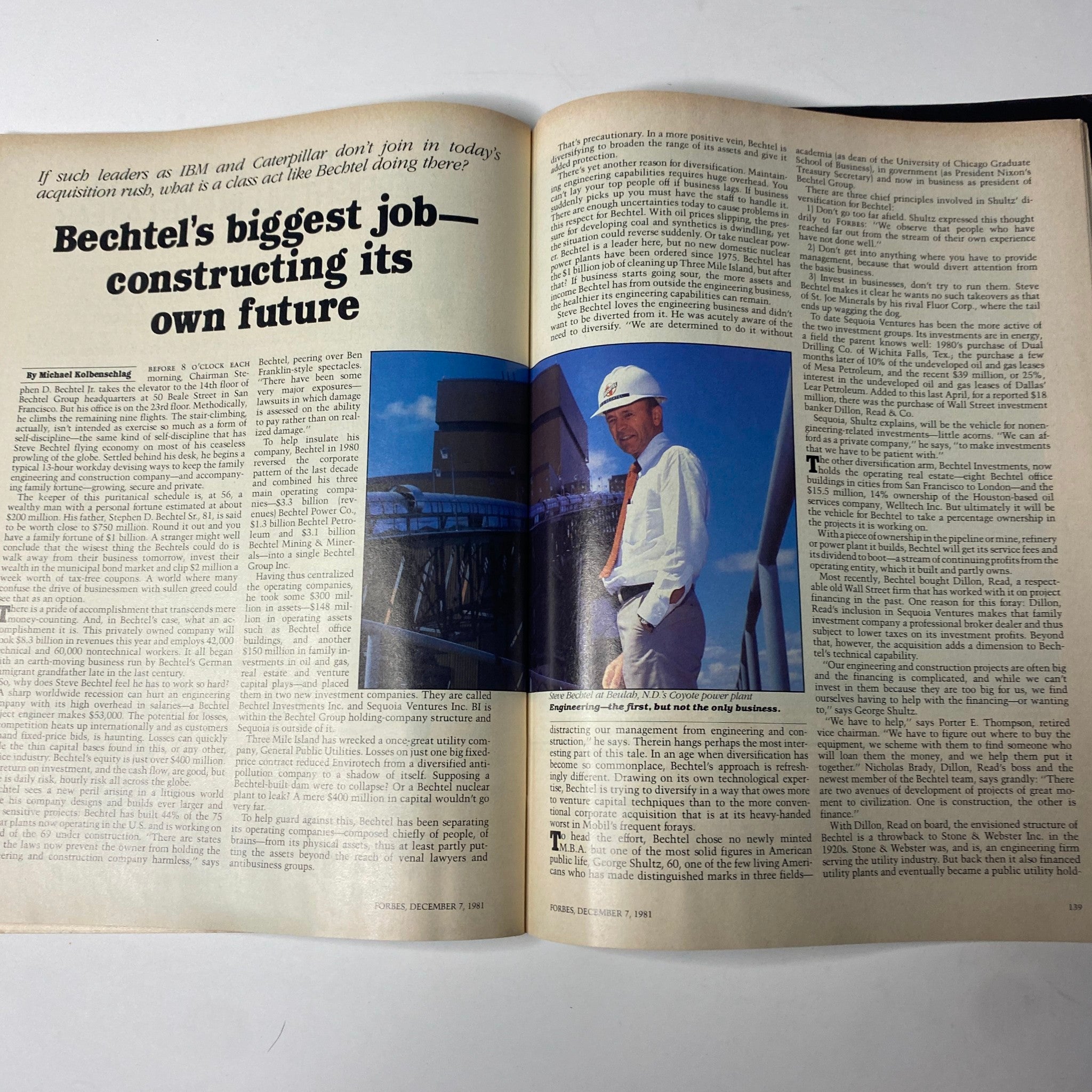 Article spread from Forbes Magazine December 7, 1981, discussing Bechtel's impact and future in the corporate landscape.