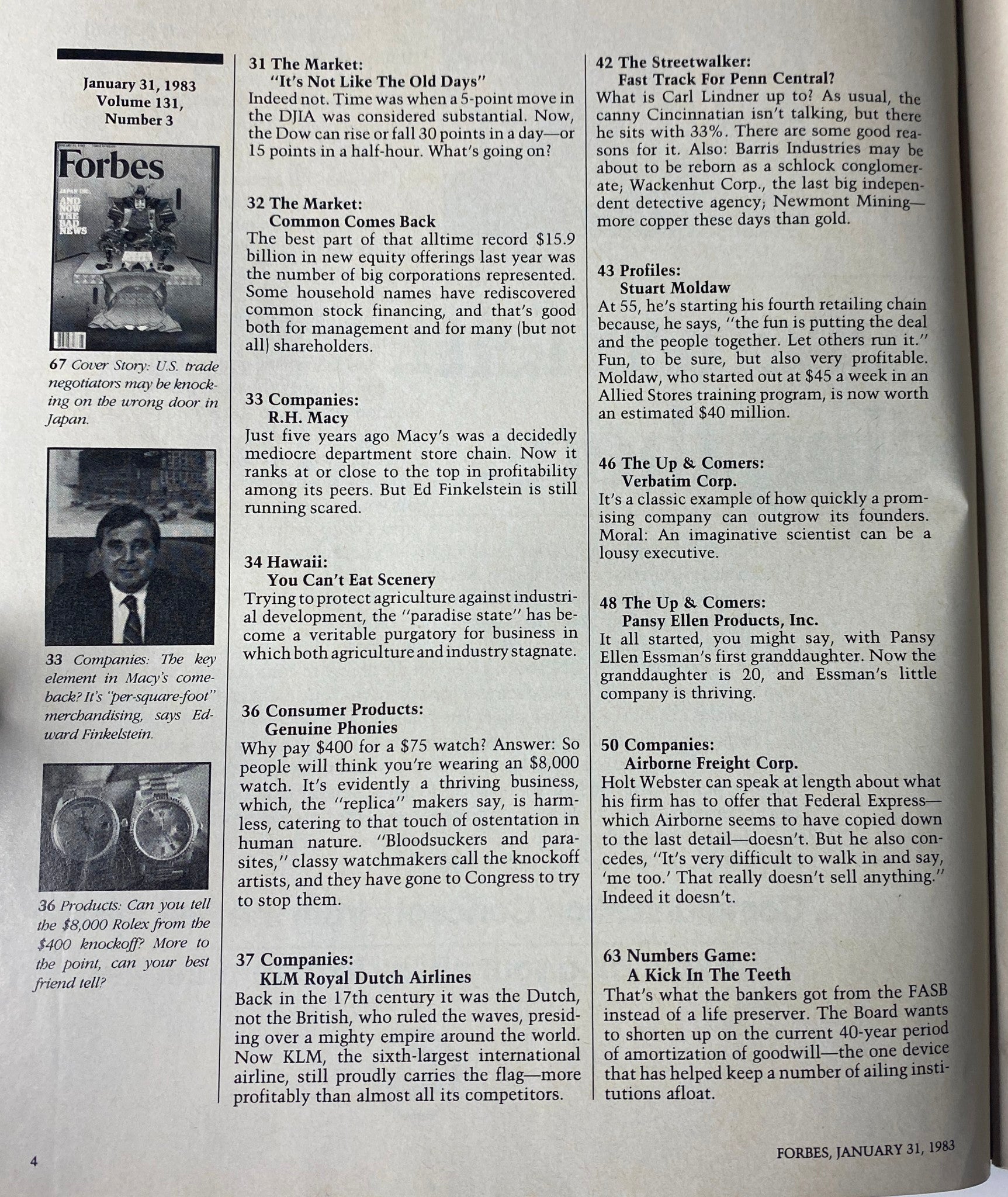 Interior page from Forbes Magazine January 31, 1983, displaying various sections including market analysis, profiles of companies like R.H. Macy, and insights into corporate strategies during the 1980s economic landscape.