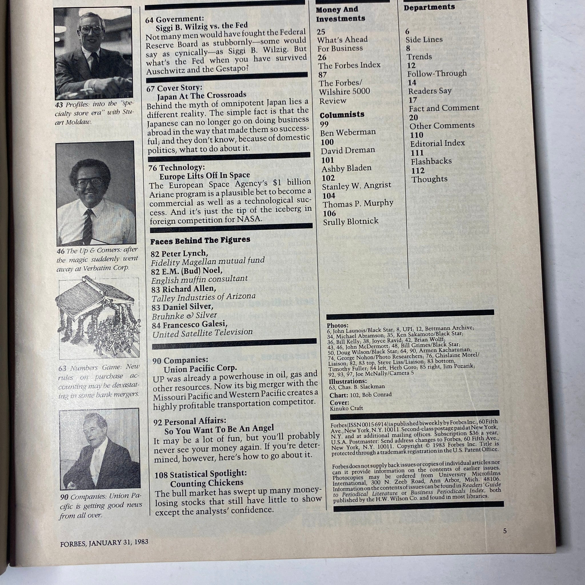 Page interior of Forbes Magazine January 31, 1983 showing article summaries and index including features on U.S.-Japan trade relations.