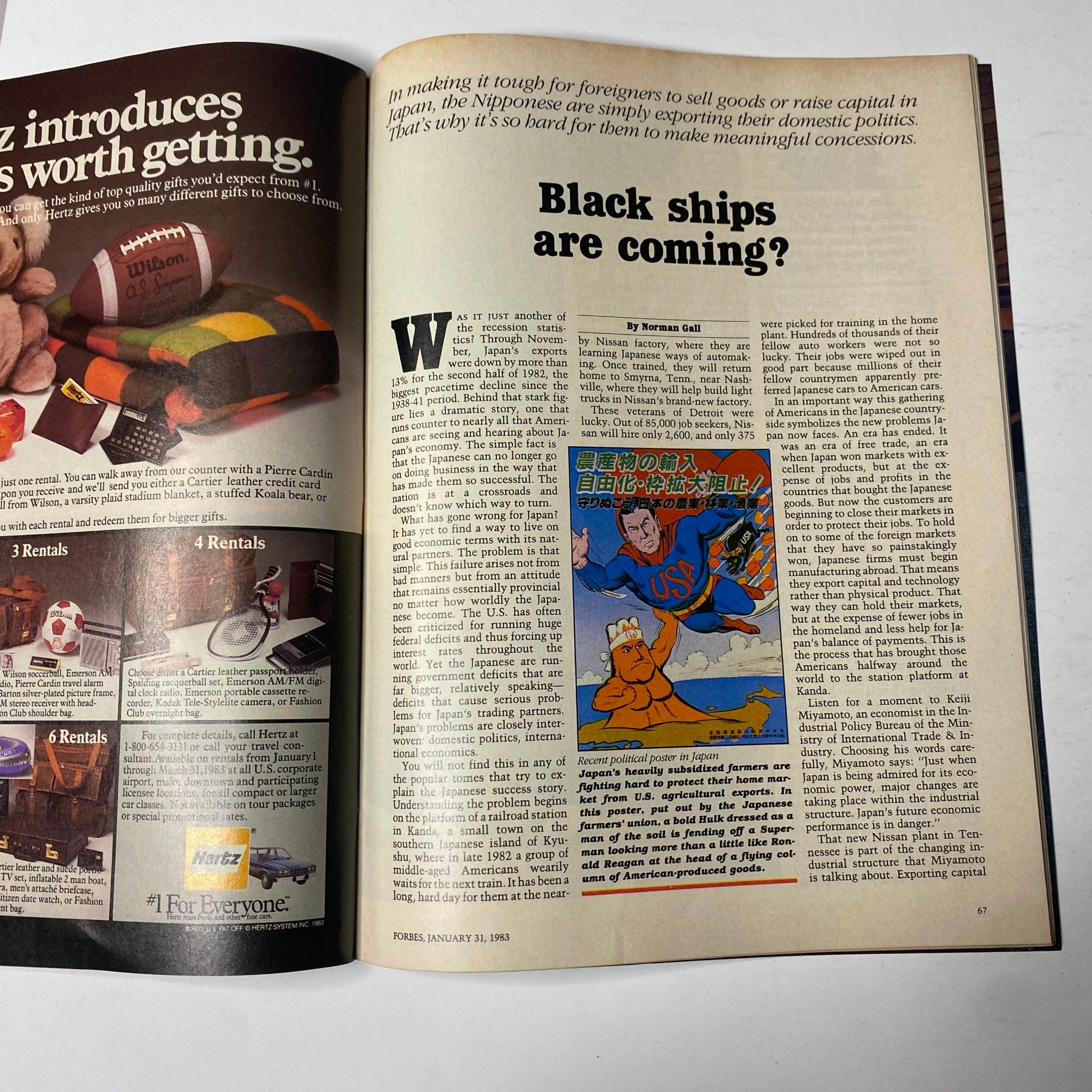 Article spread from Forbes Magazine January 31, 1983 discussing challenges for foreigners doing business in Japan, featuring illustrations and a headline about 'Black ships are coming?'