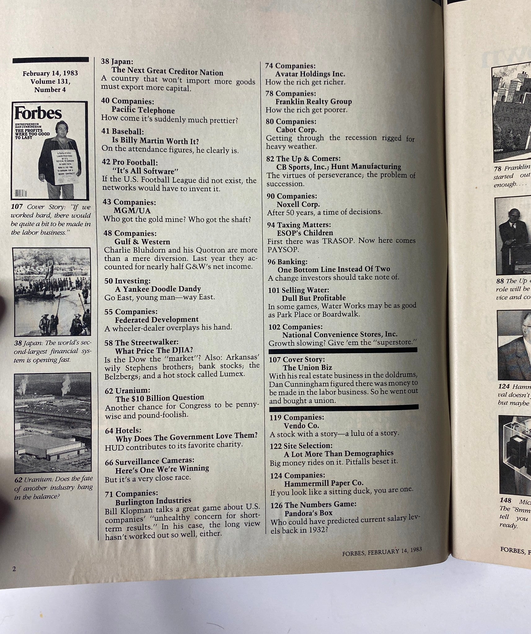 Inside page of Forbes Magazine February 14, 1983 displaying the table of contents and article highlights related to business and economic trends.