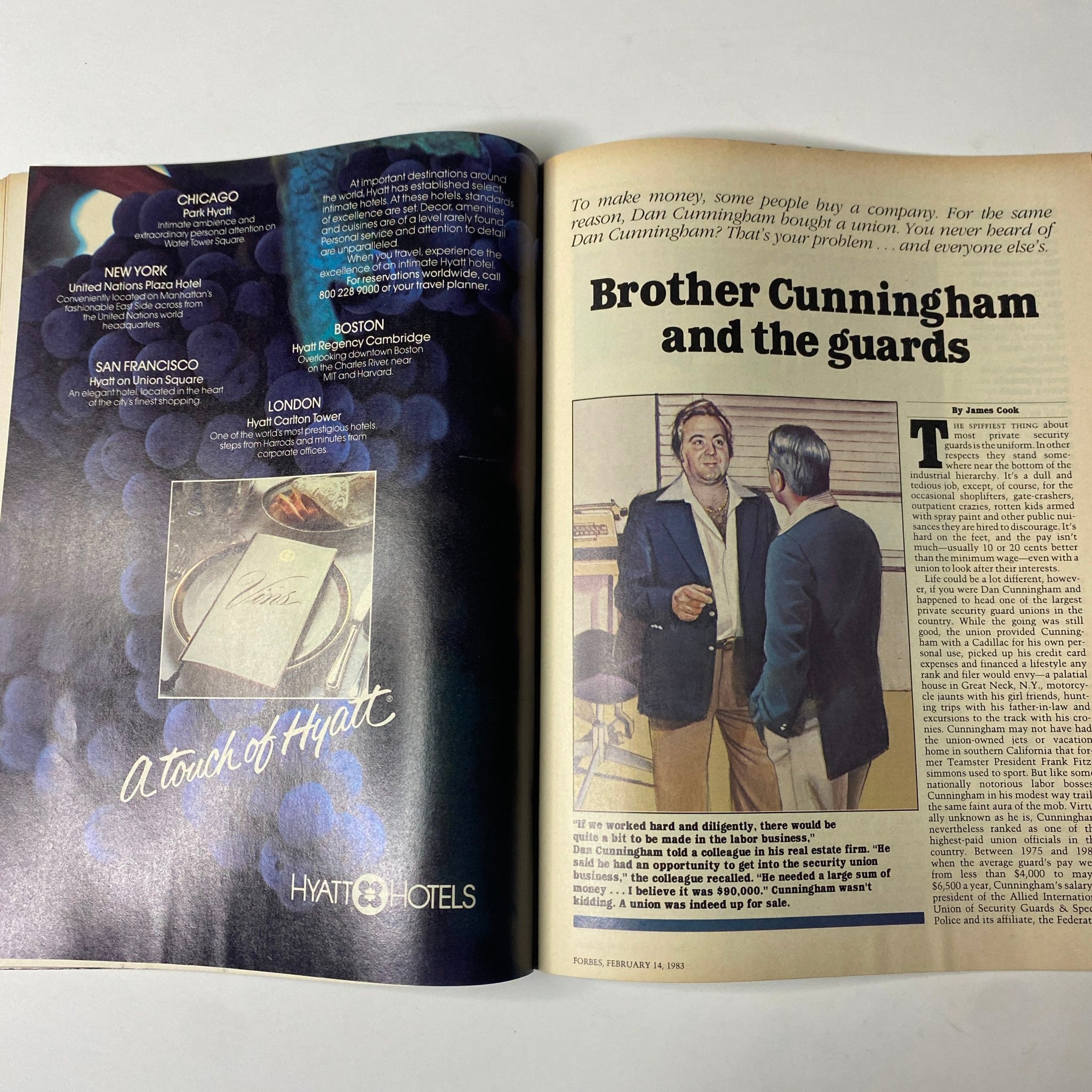 Forbes Magazine February 14, 1983 featuring the article 'Brother Cunningham and the guards' discussing entrepreneur Dan Cunningham's views on the labor industry.
