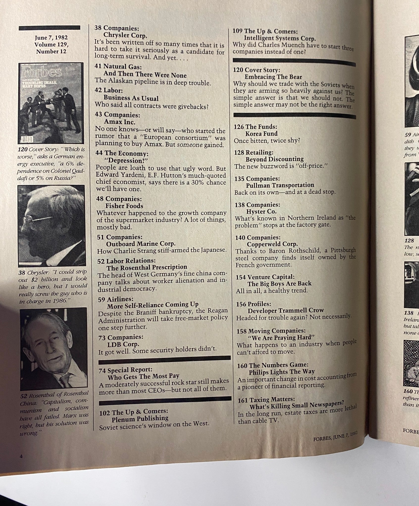 Forbes Magazine June 7, 1982 interior page displaying article titles including 'Embracing the Bear' and corporate analyses related to the economic landscape of the 1980s.