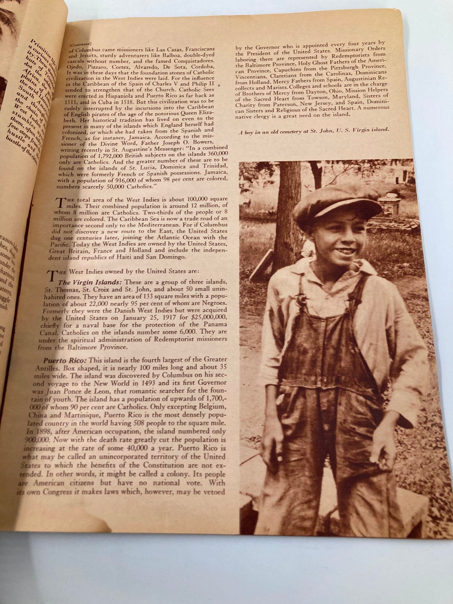 Inside page of VTG Catholic Missions January February 1941 magazine, featuring an article about the Catholic missions in the West Indies. The page highlights historical context and demographic information.