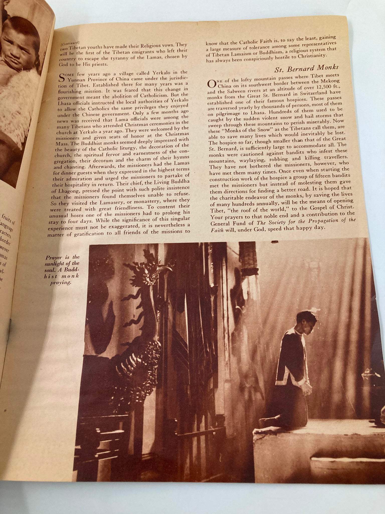 Another inside page of VTG Catholic Missions January February 1941 magazine, depicting a Buddhist monk in prayer with rays of sunlight streaming in. The text discusses the interactions between Catholic missions and Tibetan culture.
